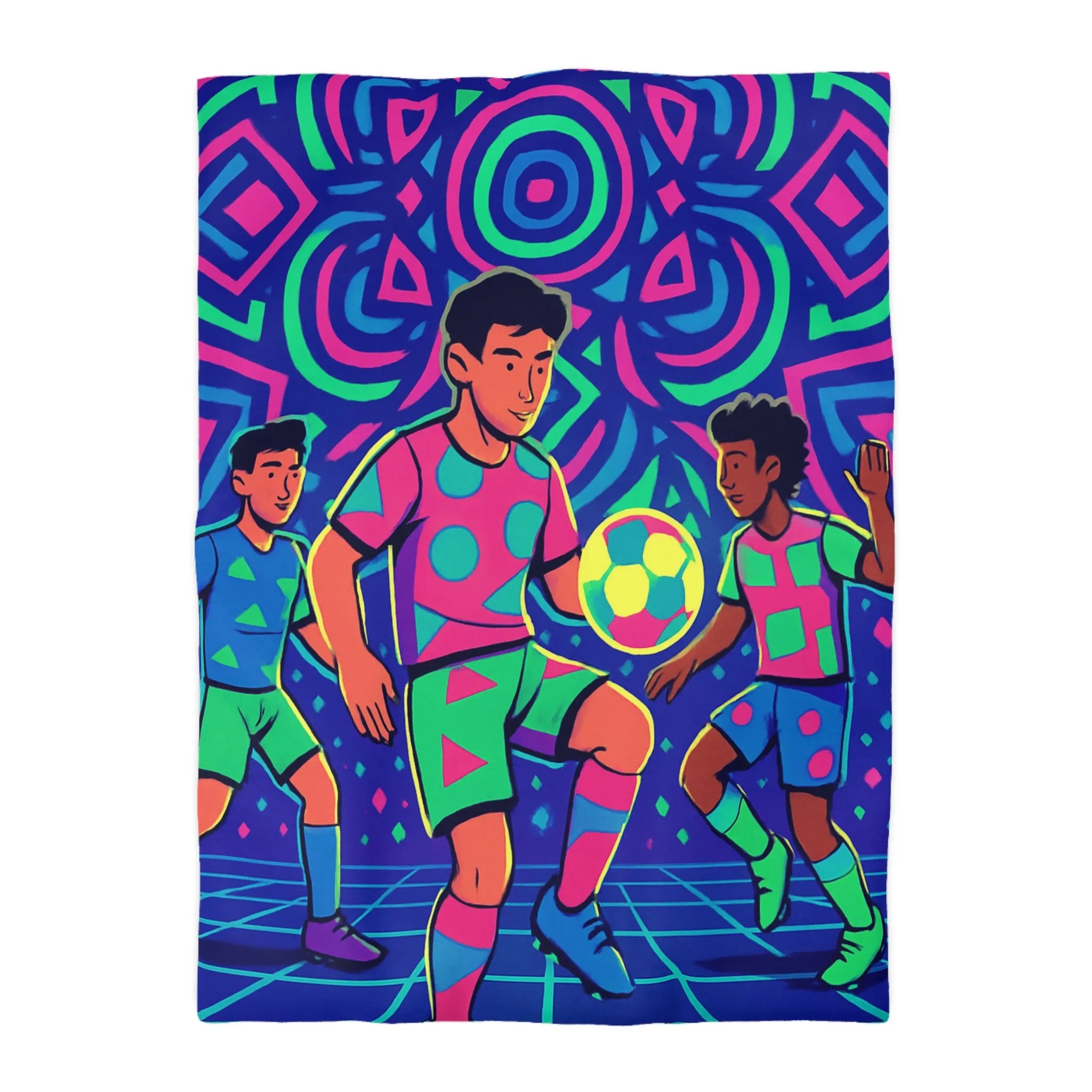 Housse de Couette Football Colorée avec Motifs Psychédéliques et Jeunes Joueurs en Action