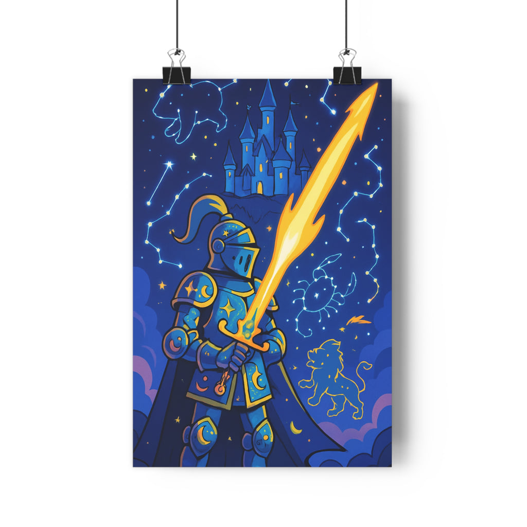 Poster décoratif chevalier médiéval épée lumineux bleu or mystique chambre bureau 30x46 fantastique enchanté
