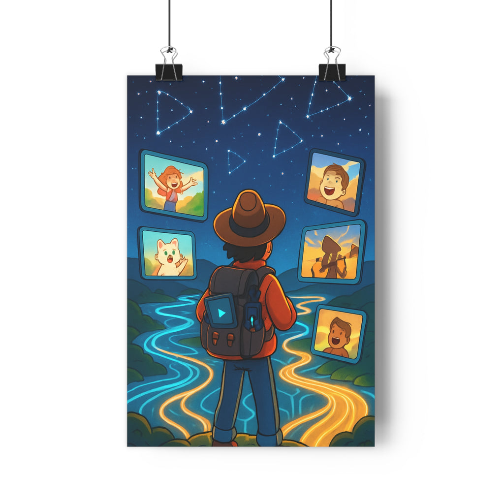 Poster décoratif futuriste bleu orange magique aventure chambre salon moderne lumineux rêveur créatif numérique