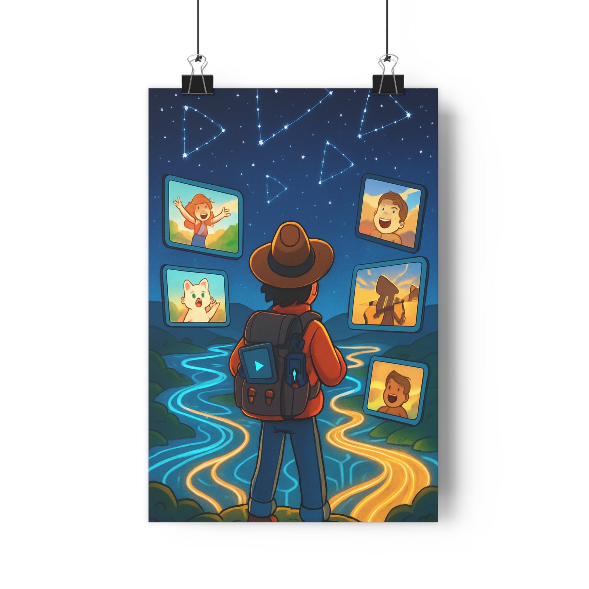 Poster décoratif futuriste bleu orange magique aventure chambre salon moderne lumineux rêveur créatif numérique
