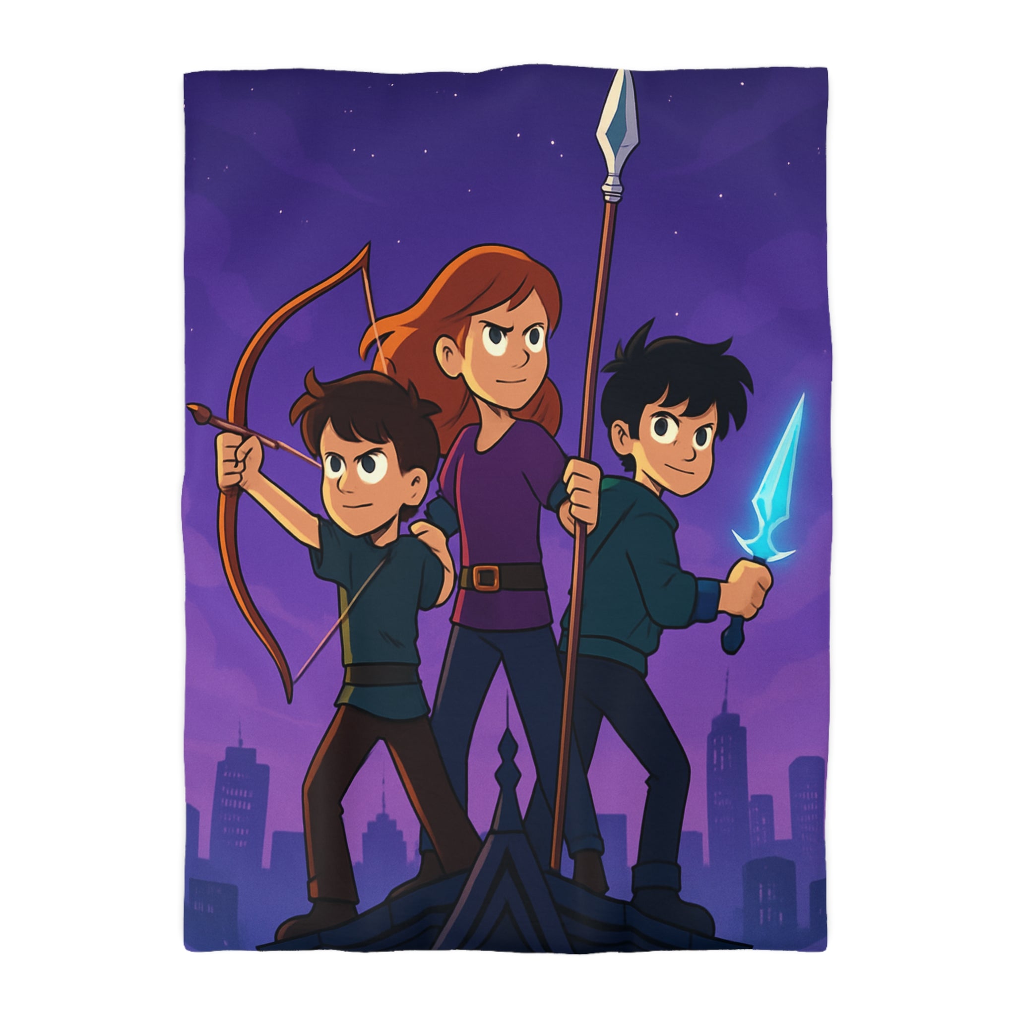 Housse de couette urbaine illustrée, ambiance aventure mystique avec enfants et armes