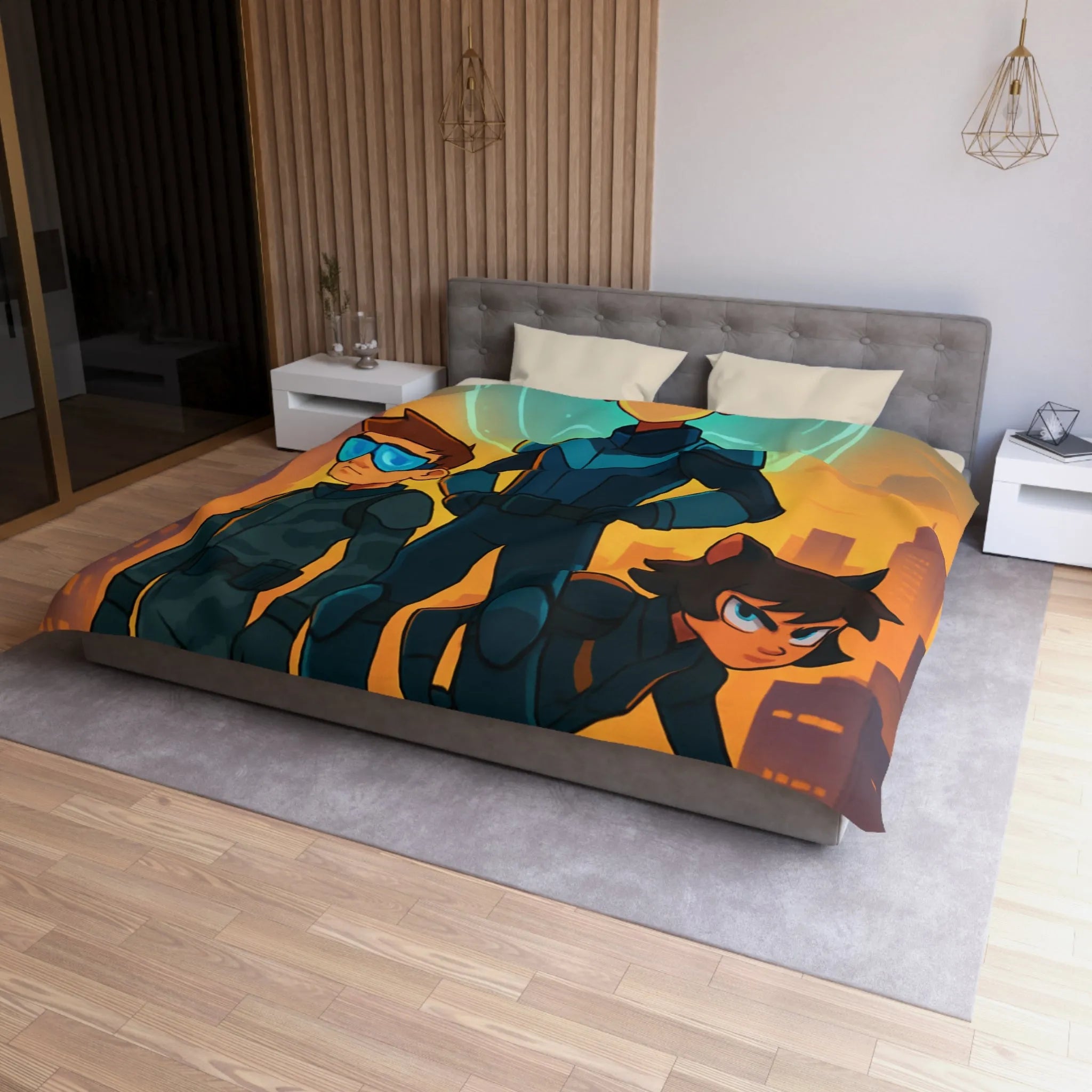 Ensemble d'aventure animé avec enfants héros sur fond urbain au crépuscule