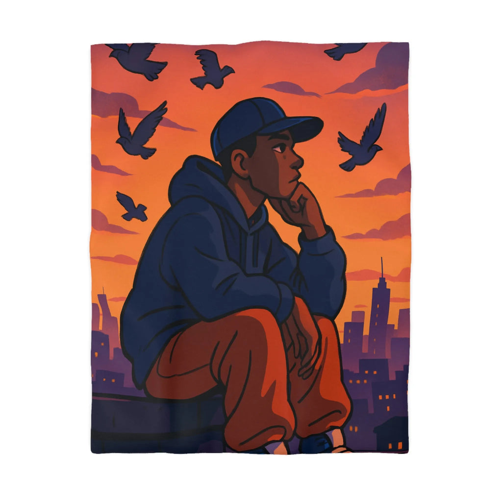 Housse de couette au design urbain moderne avec ciel crépusculaire et silhouette pensive