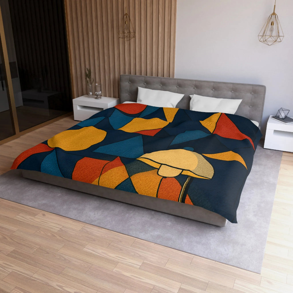 Housse de couette géométrique moderne multicolore avec motifs rétro et ambiance chaleureuse éclairée