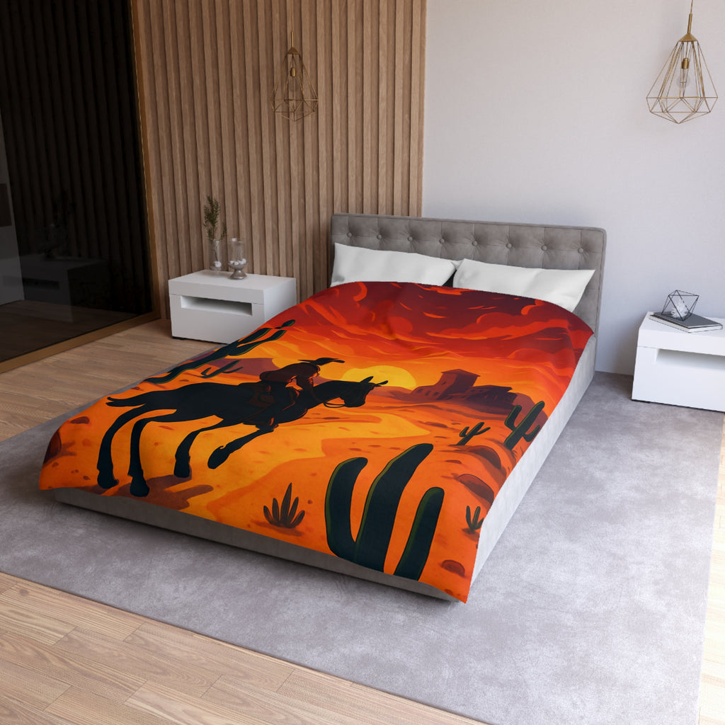 Housse de Couette Stylée Désert Crépusculaire avec Cowboy et Cactus Silhouettes