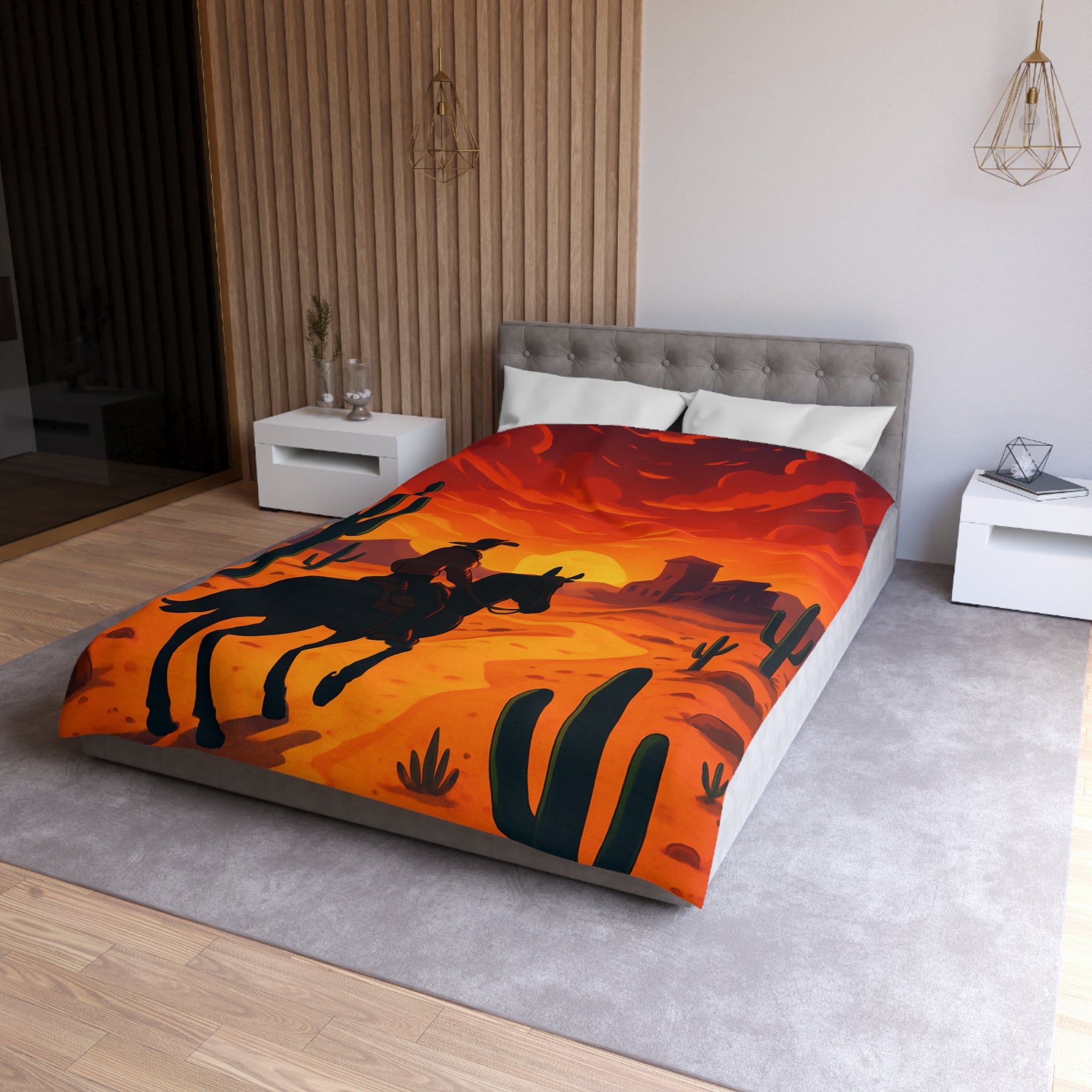 Housse de Couette Stylée Désert Crépusculaire avec Cowboy et Cactus Silhouettes