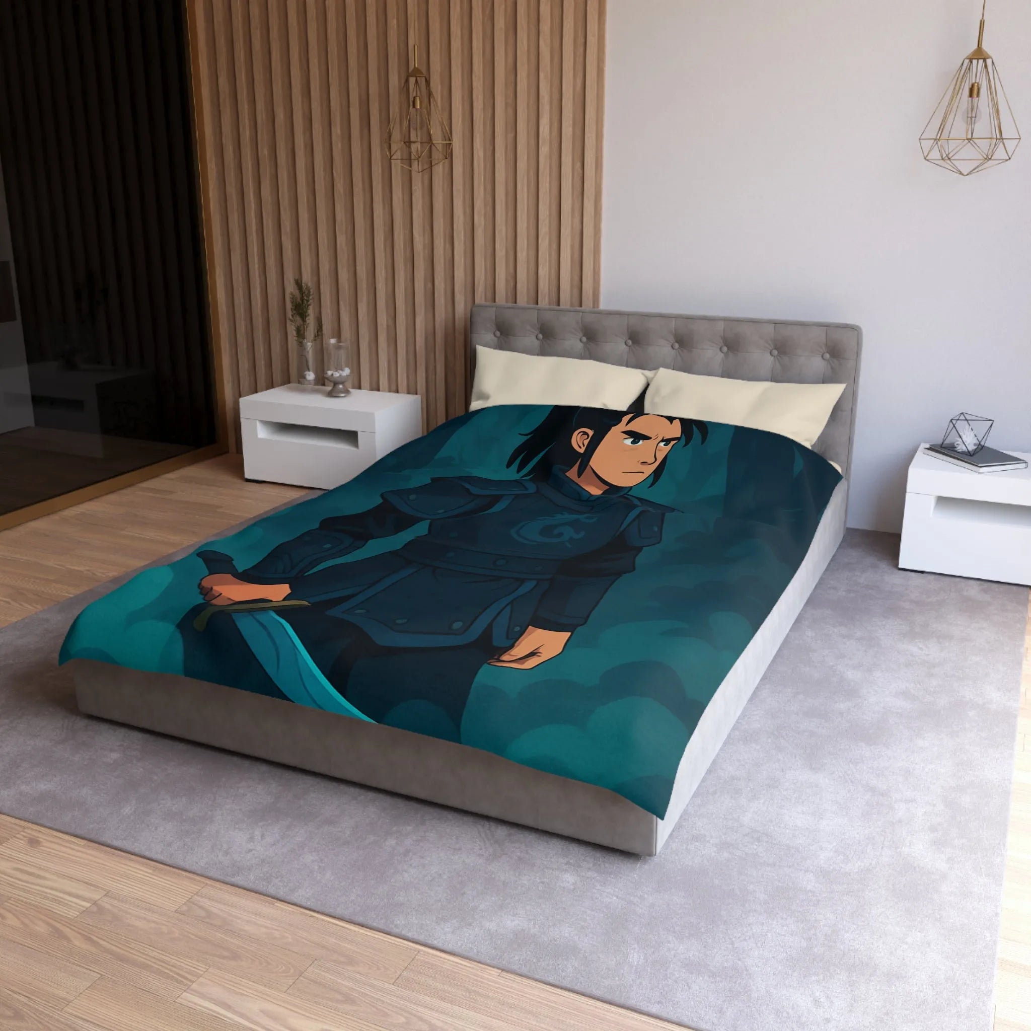 Housse de couette avec illustration guerrier en armure et épée dans la forêt magique