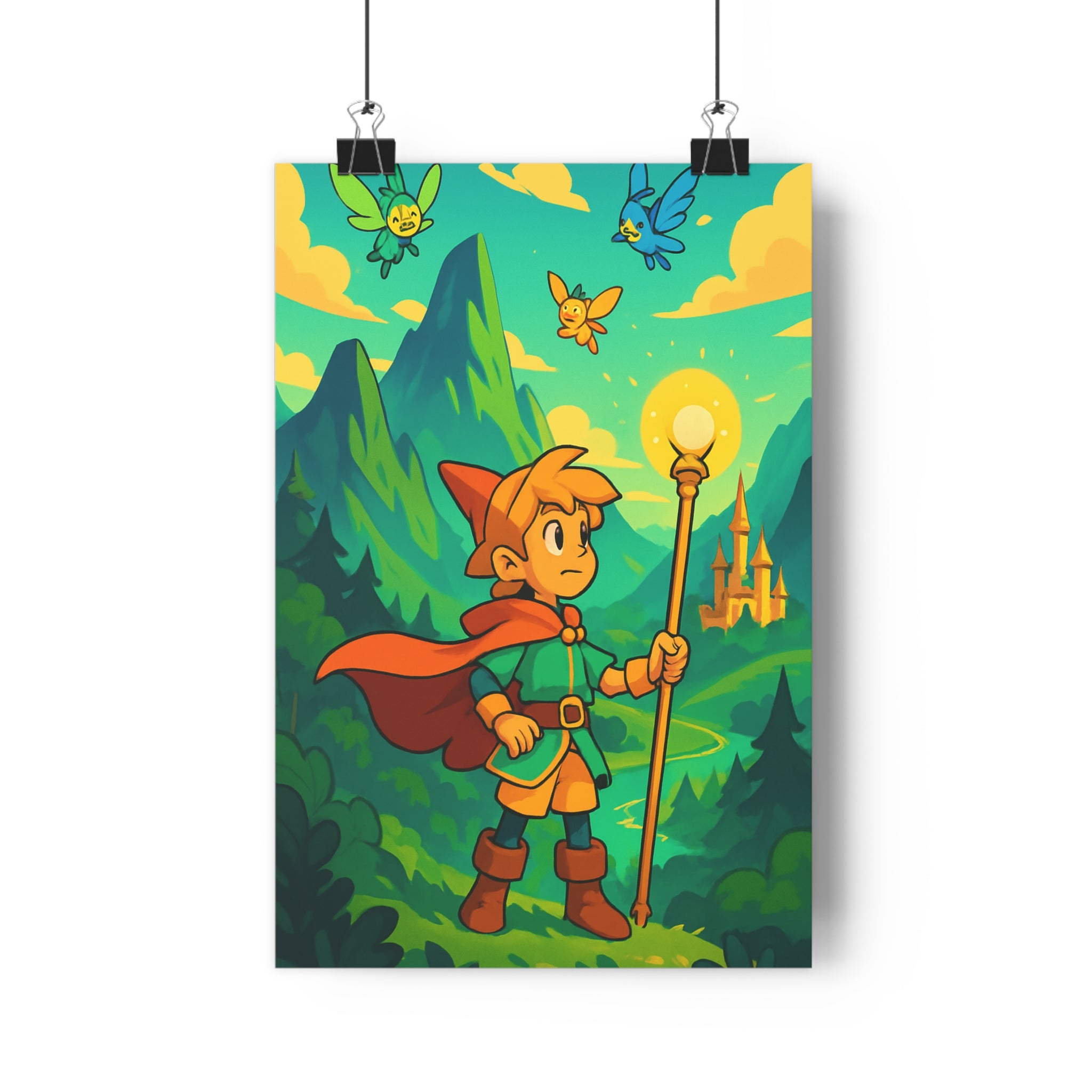 Poster décoratif aventure dessin animé vert bleu chambre enfant magique créatures fantastique lumineux paysage