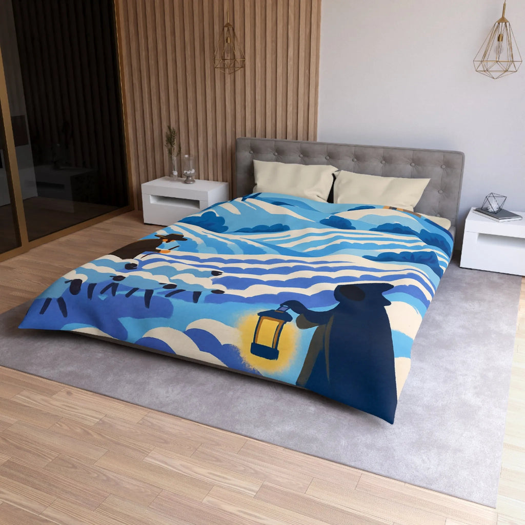 Housse de couette champêtre avec berger, moutons et moulin dans un paysage rêveur