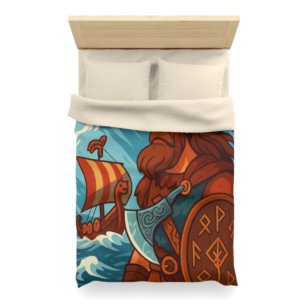 Housse de couette viking avec guerrier, montagne, navire, mer, motifs runiques
