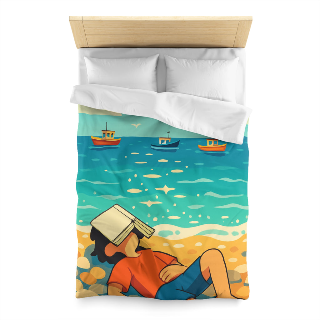 Housse de couette plage relaxante avec enfant, livre et mouettes en été ensoleillé