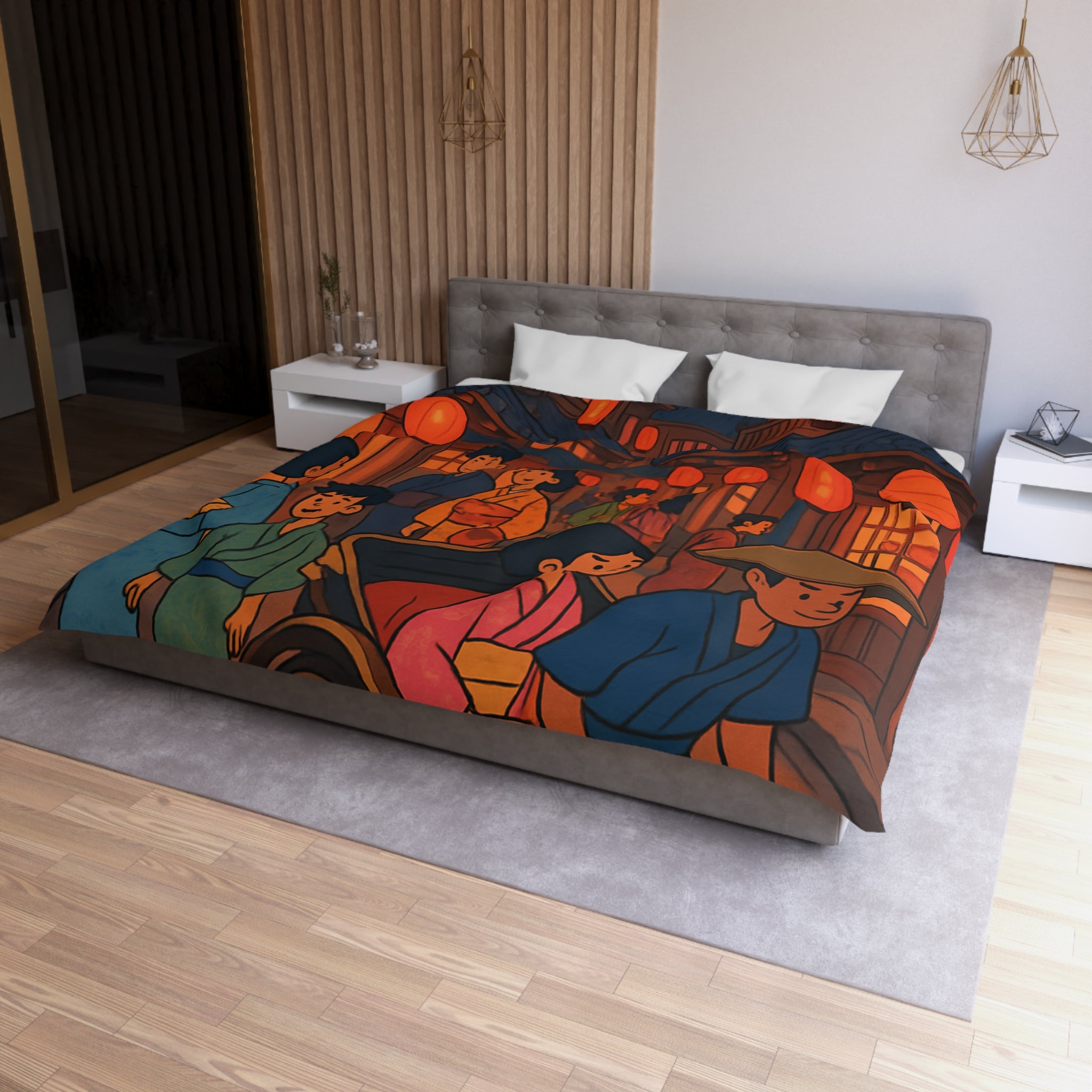 Housse de couette nocturne rouge et jaune avec lanterne et scène japonaise animée