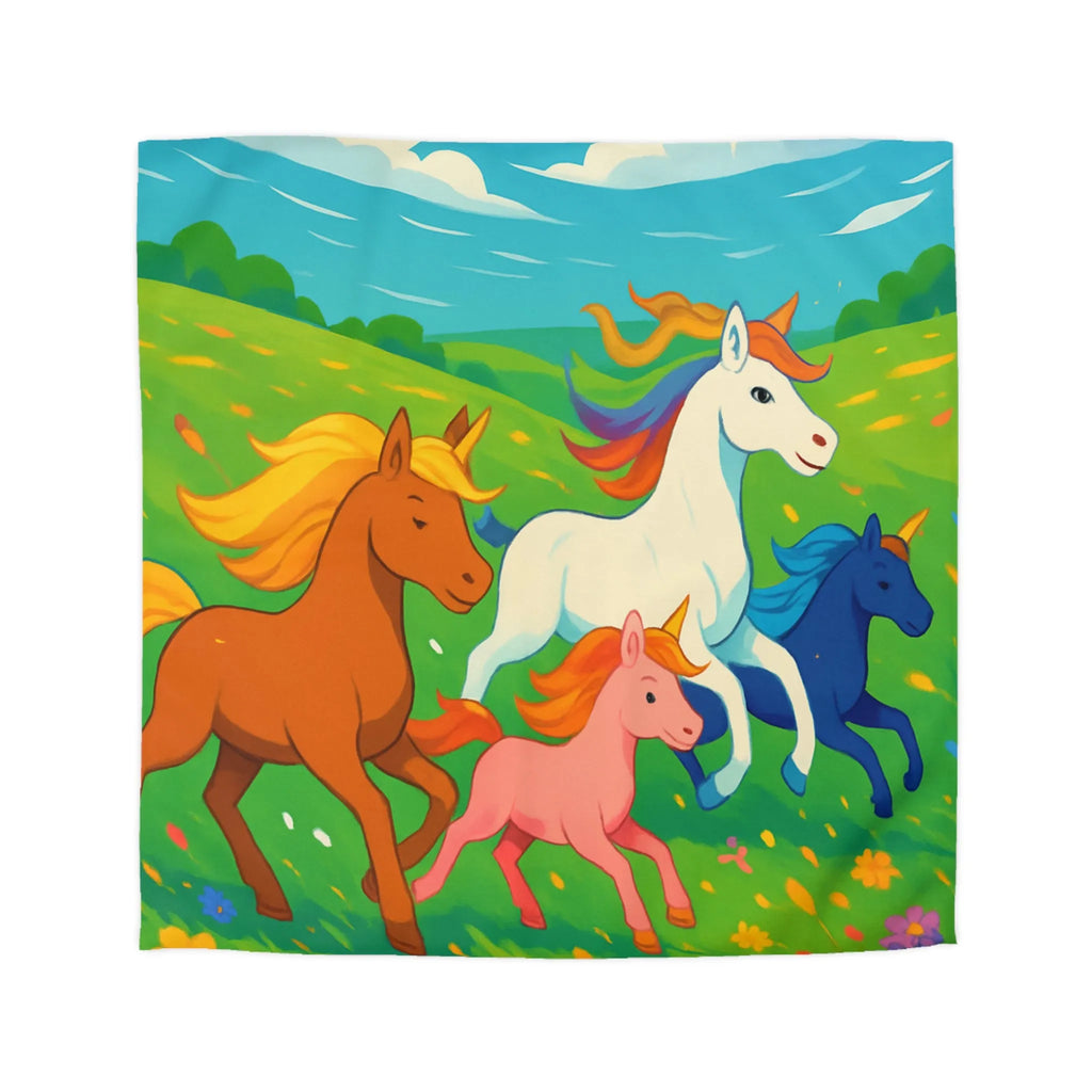 Housse de couette colorée avec prairies luxuriantes et chevaux arc-en-ciel en galop