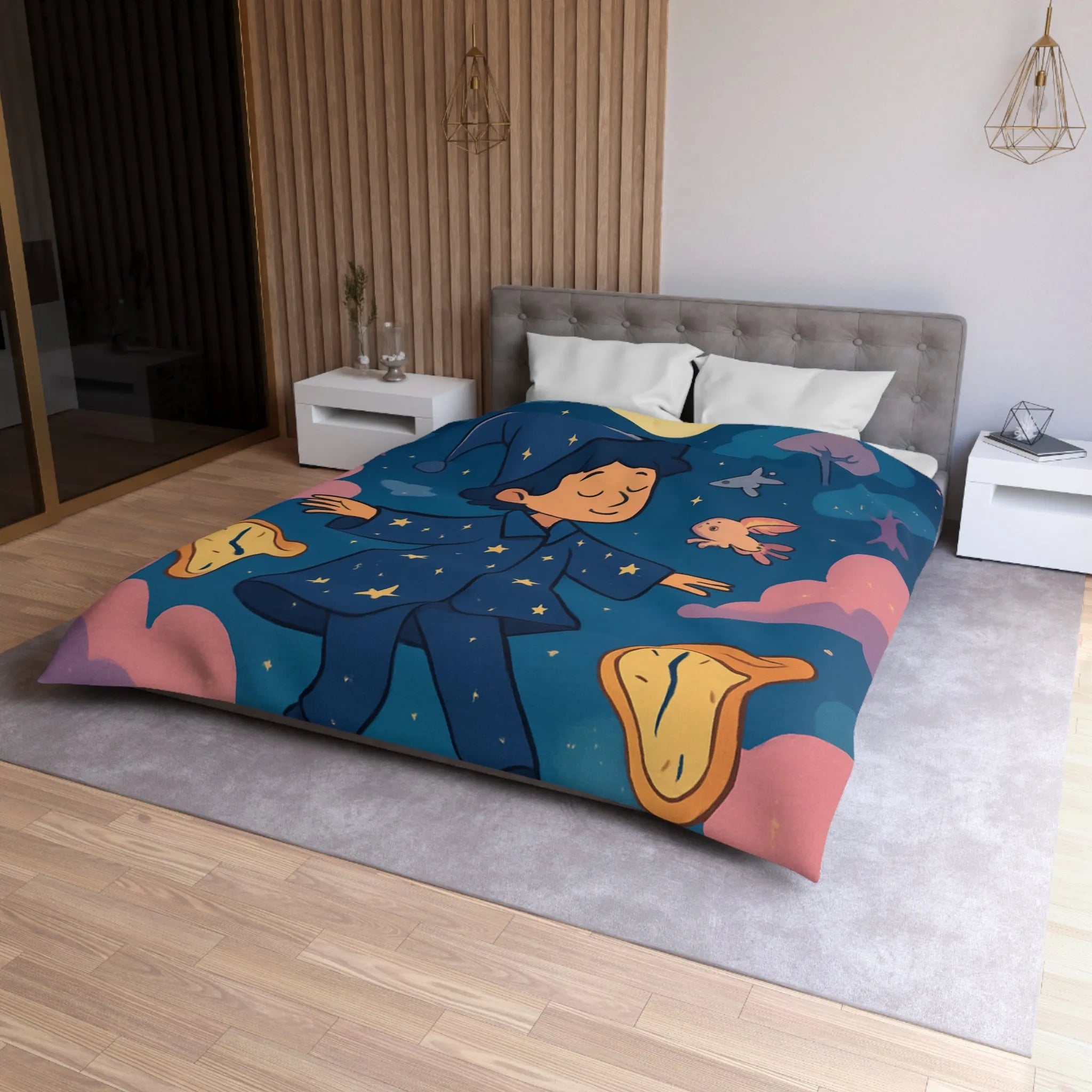 Housse de couette magique avec sorcier enfant rêvant de créatures volantes lunaires