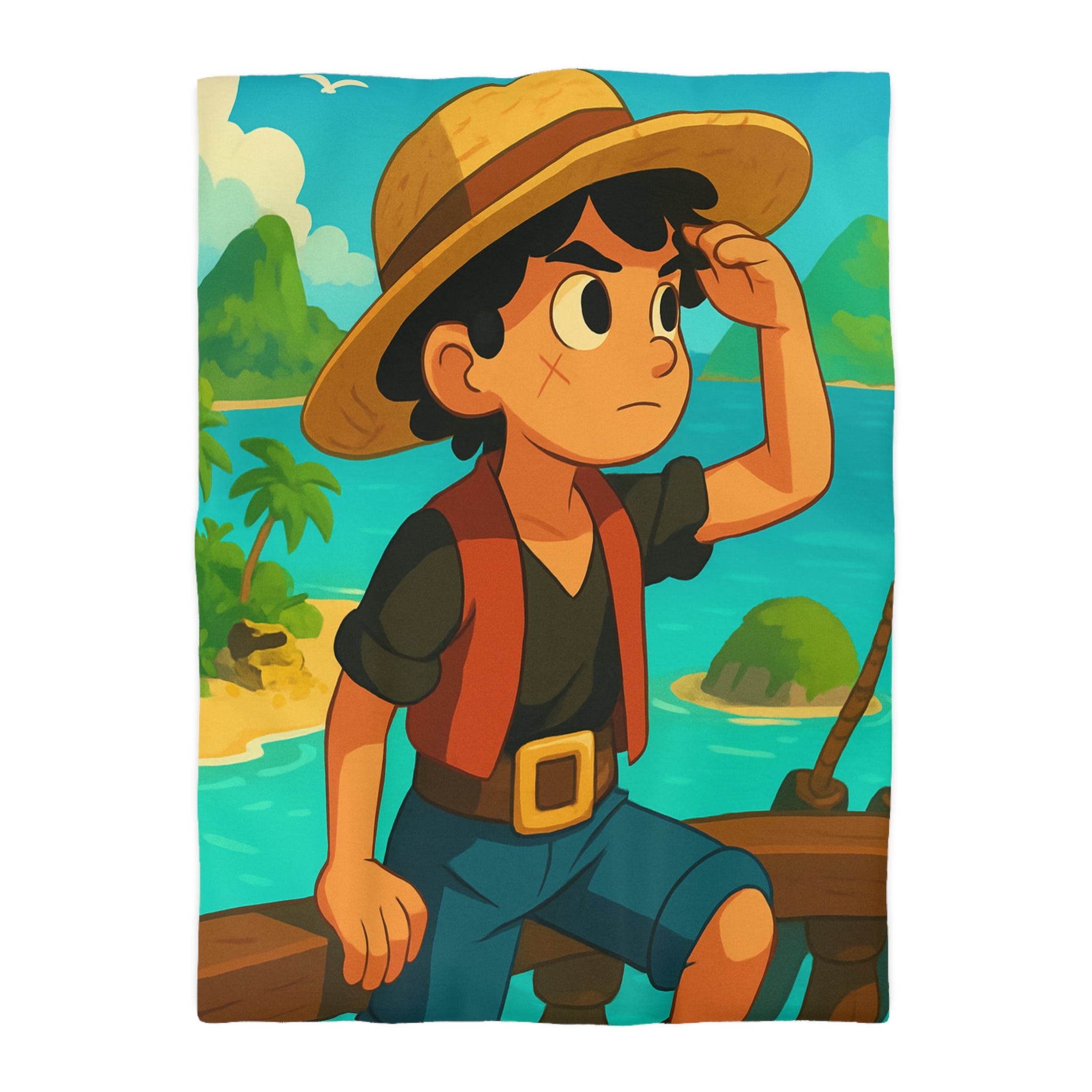 Housse de couette tropicale enfant avec pirate aventurier sur fond d'île paradisiaque