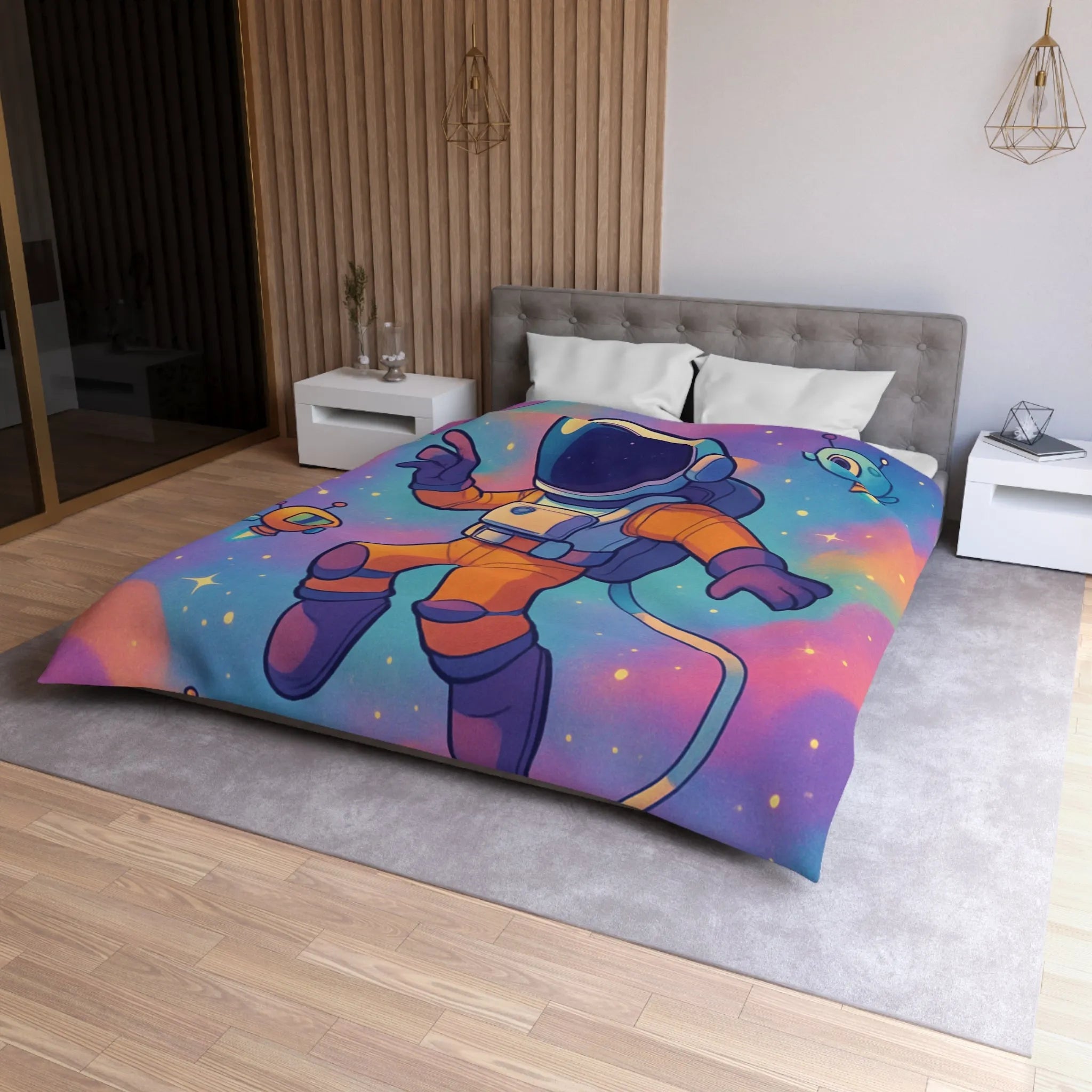 Housse de couette colorée spatiale avec astronaute, planètes et robots ludiques pour enfants