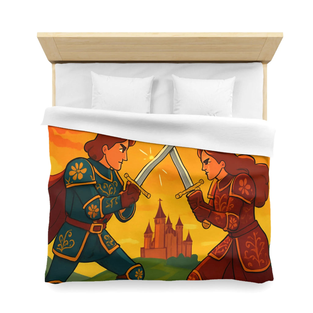 Épique housse de couette avec chevaliers médiévaux, châteaux et ciel flamboyant