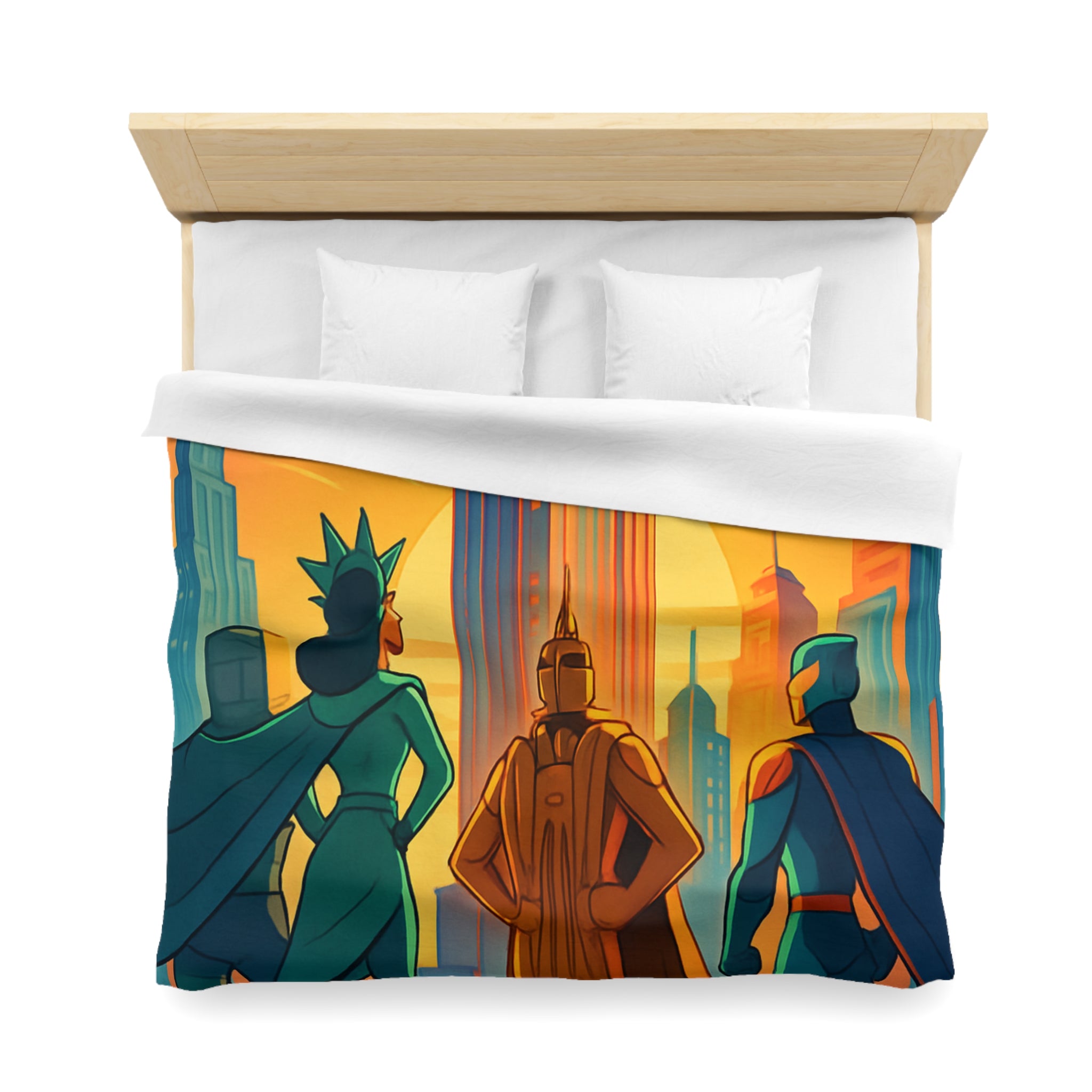 Super-héros courageux contemplant une ville moderne au lever du soleil urbain majestueux