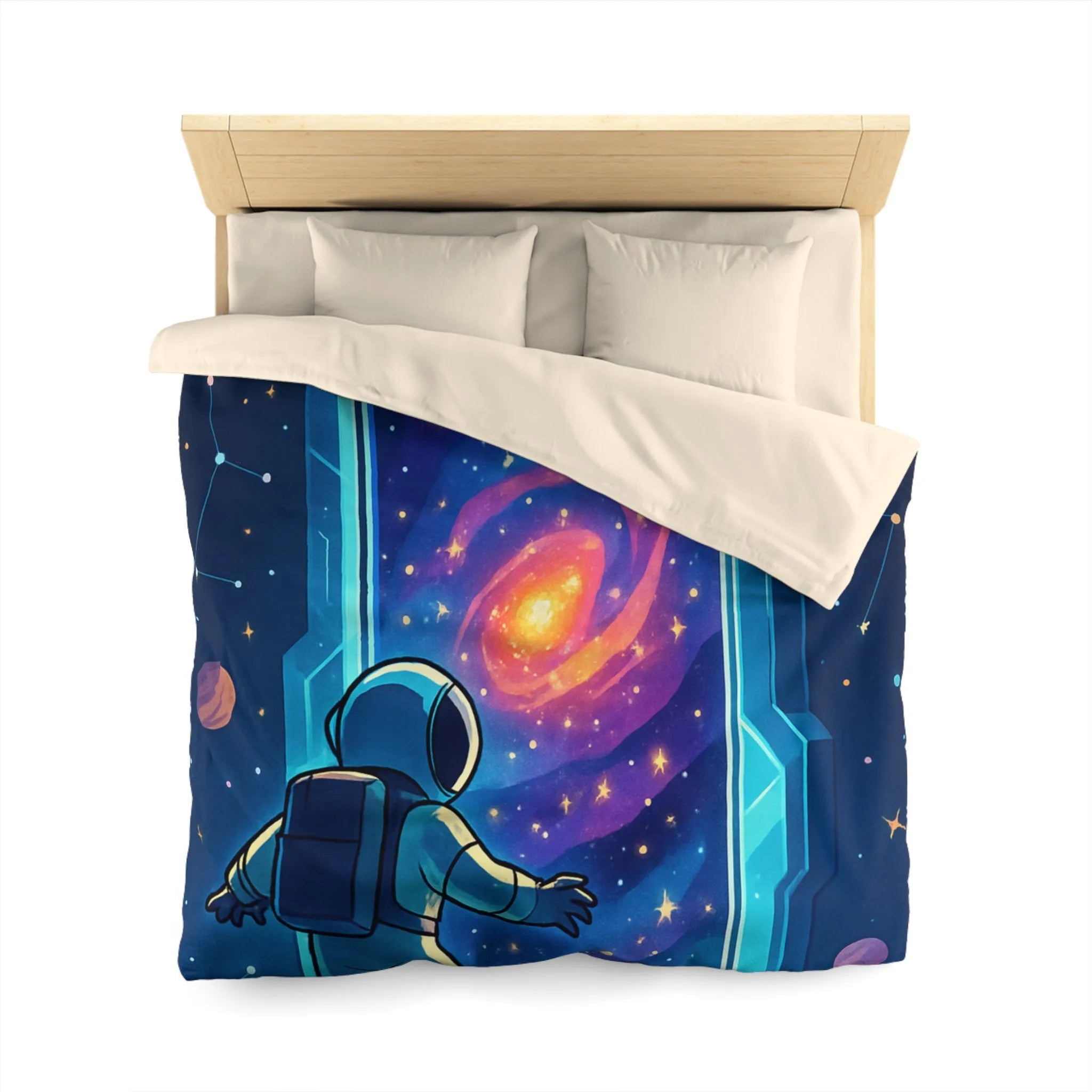 Housse de couette astronaute explorant portail galactique vibrant dans l'espace étoilé