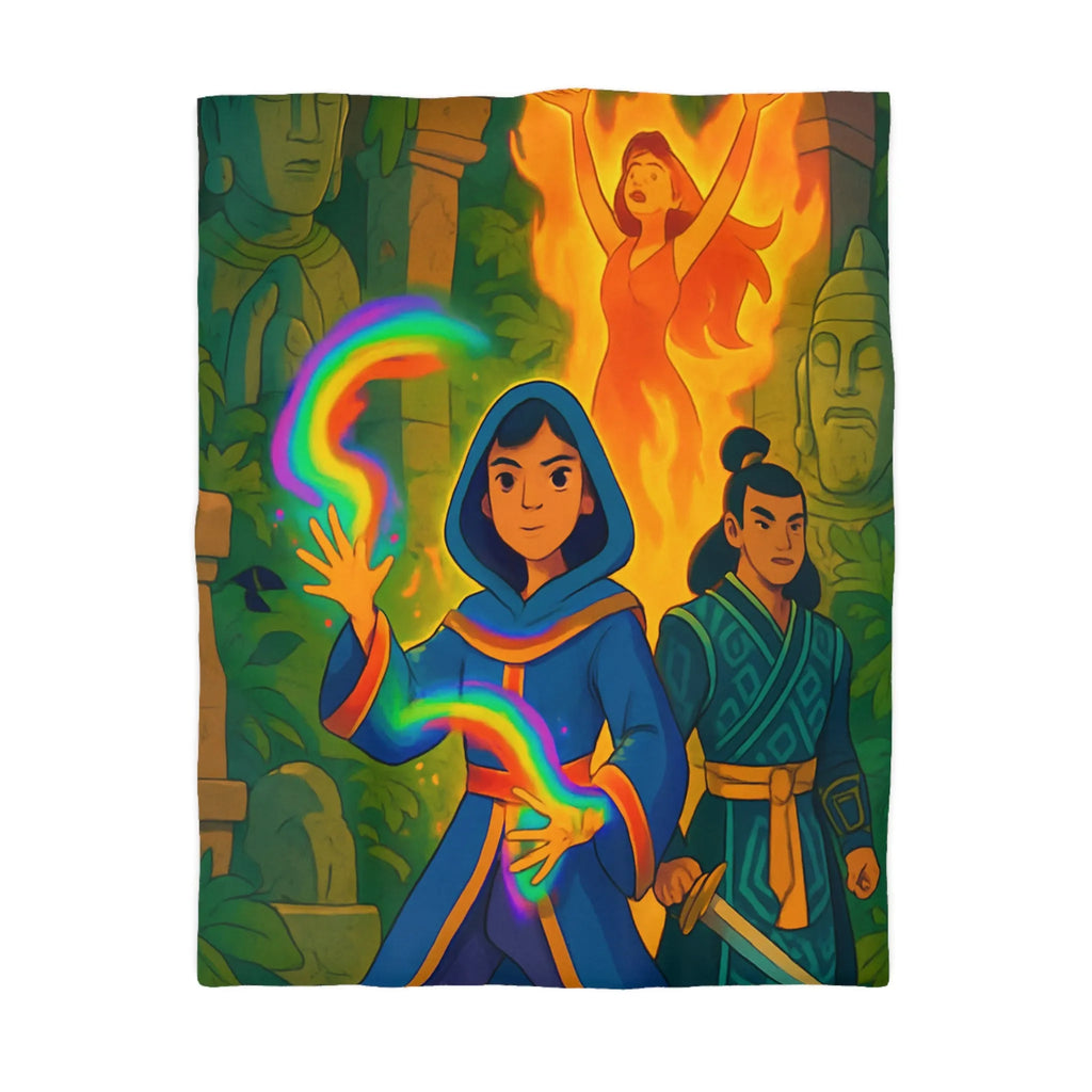 Housse de couette magique colorée : aventure mystique avec personnages énigmatiques et feu flamboyant