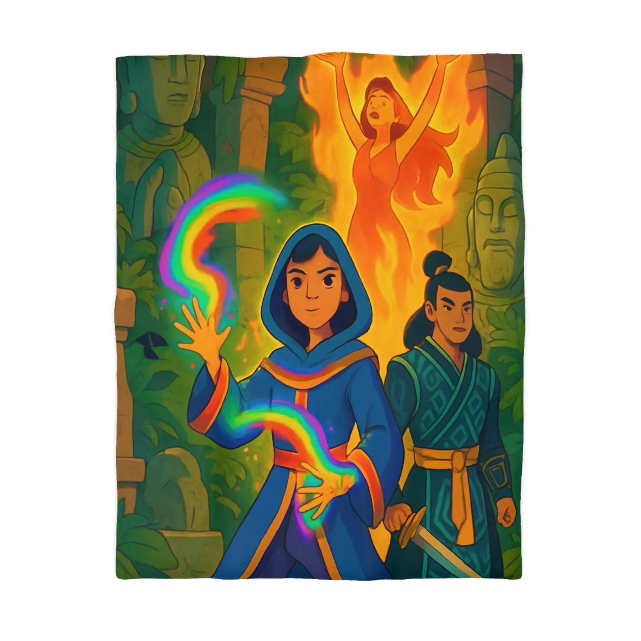 Housse de couette magique colorée : aventure mystique avec personnages énigmatiques et feu flamboyant