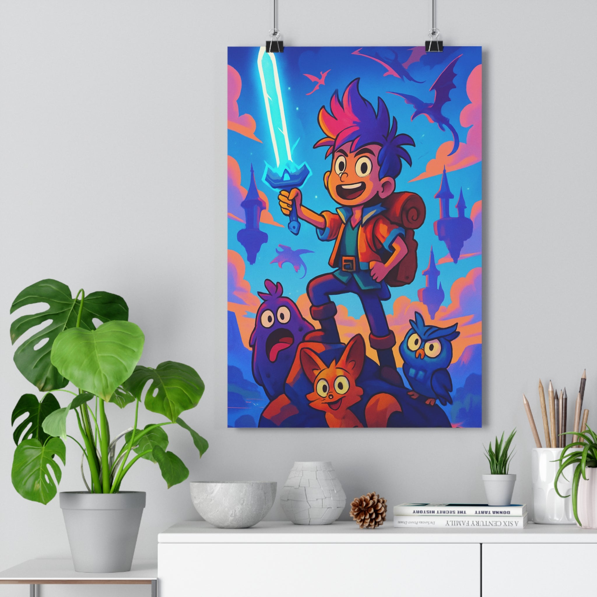 Poster décoratif anime fantasy lumineux coloré joyeux aventure enfant salon chambre hibou renard dragon
