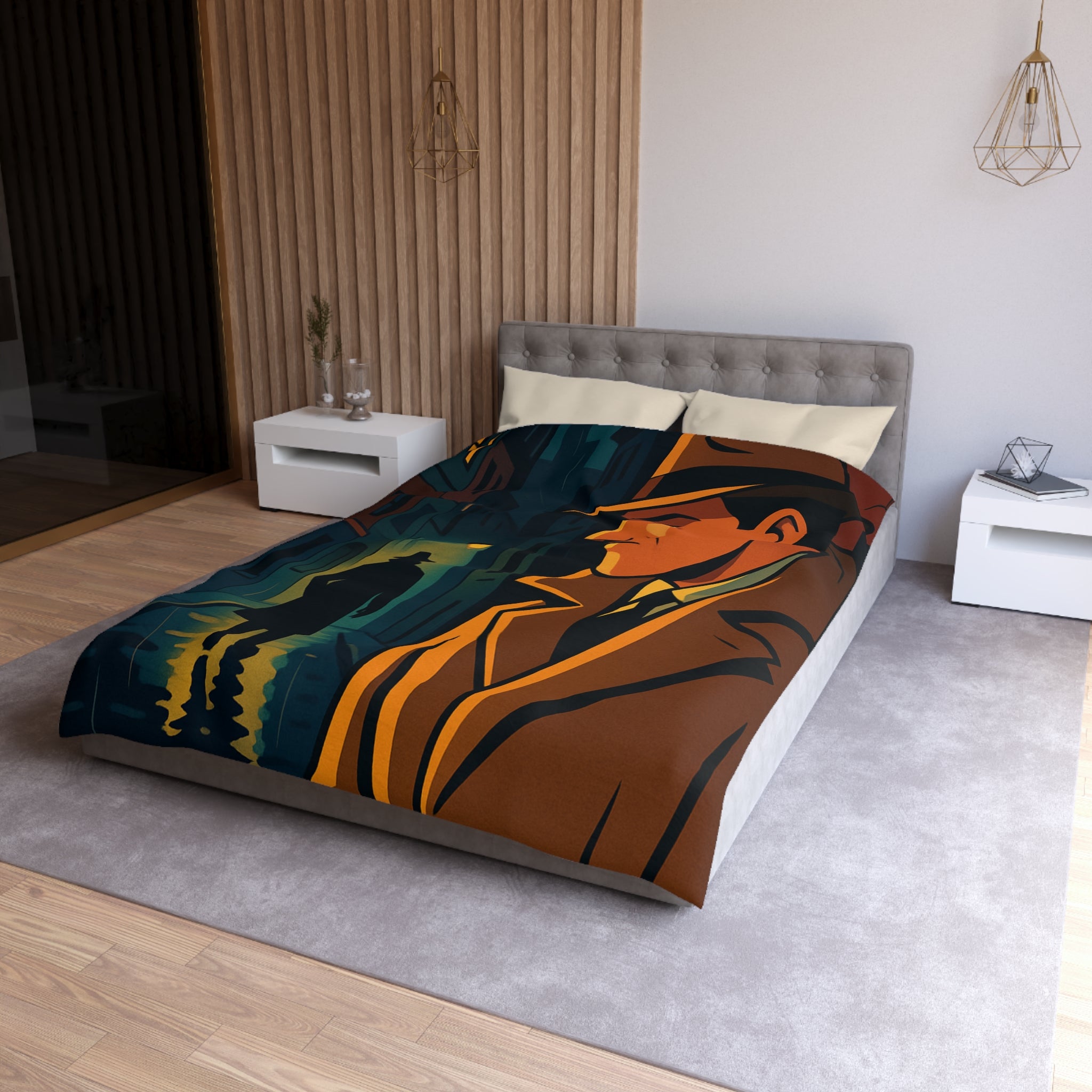 Housse de couette vintage style détective film noir avec scène de rue mystérieuse