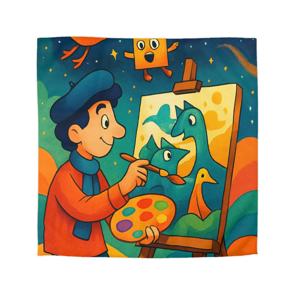 Housse de couette artistique colorée avec peintre et créatures fantaisistes en arrière-plan étoilé