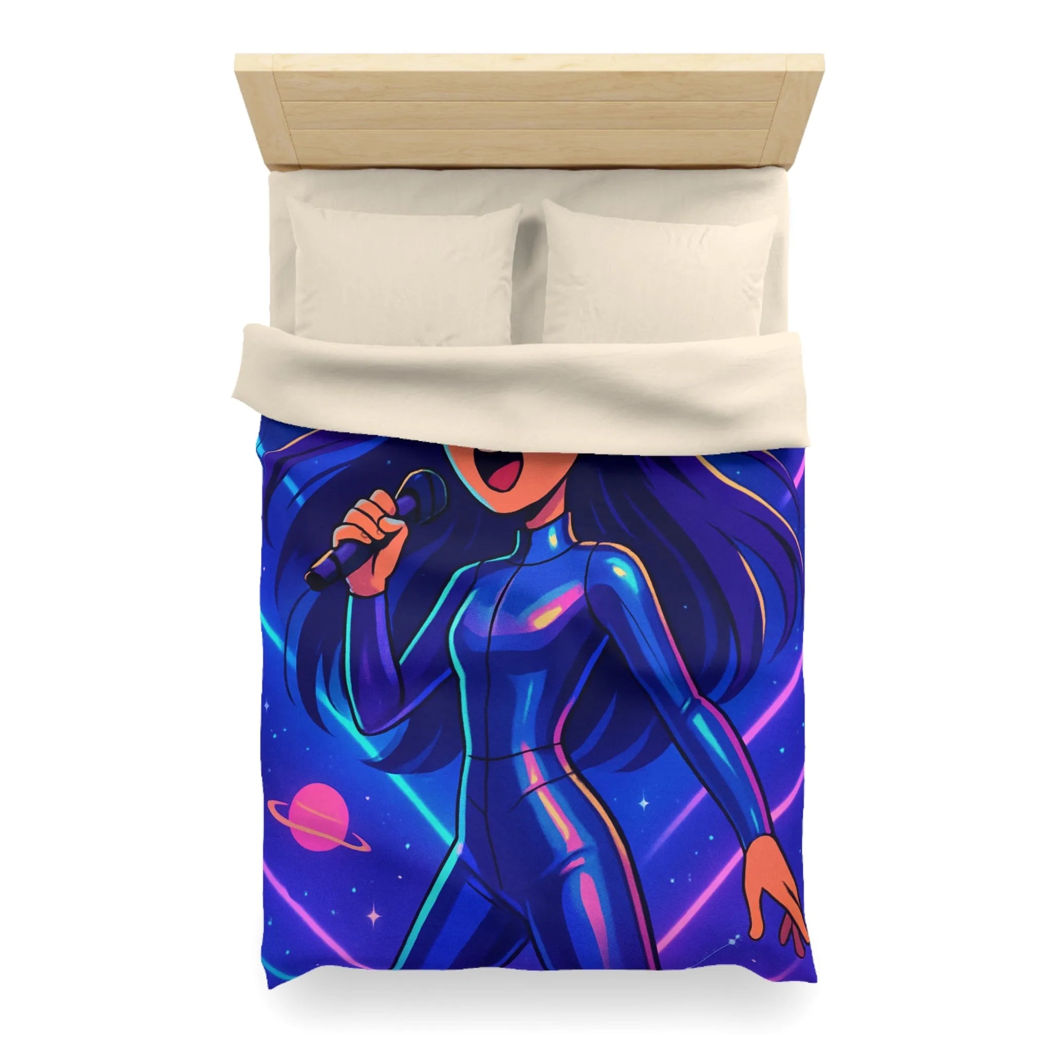 "Housse de couette galaxie: chanteuse en combinaison bleue avec planètes et étoiles brillantes"