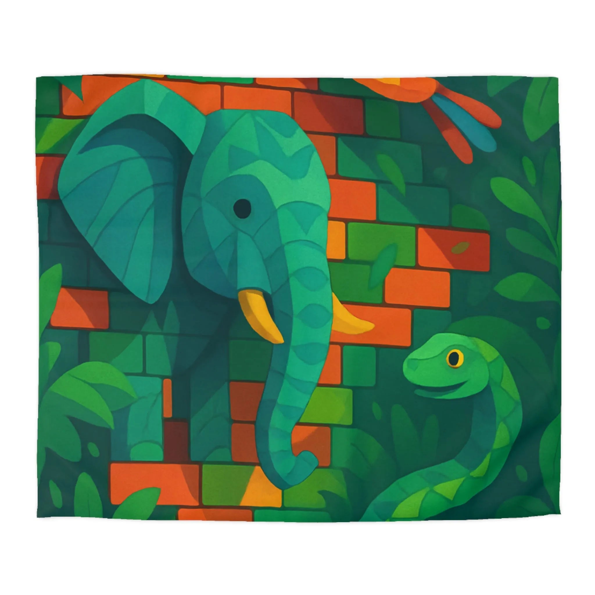 Housse de couette jungle vibrante avec éléphant, oiseau, serpent et feuillage luxuriant