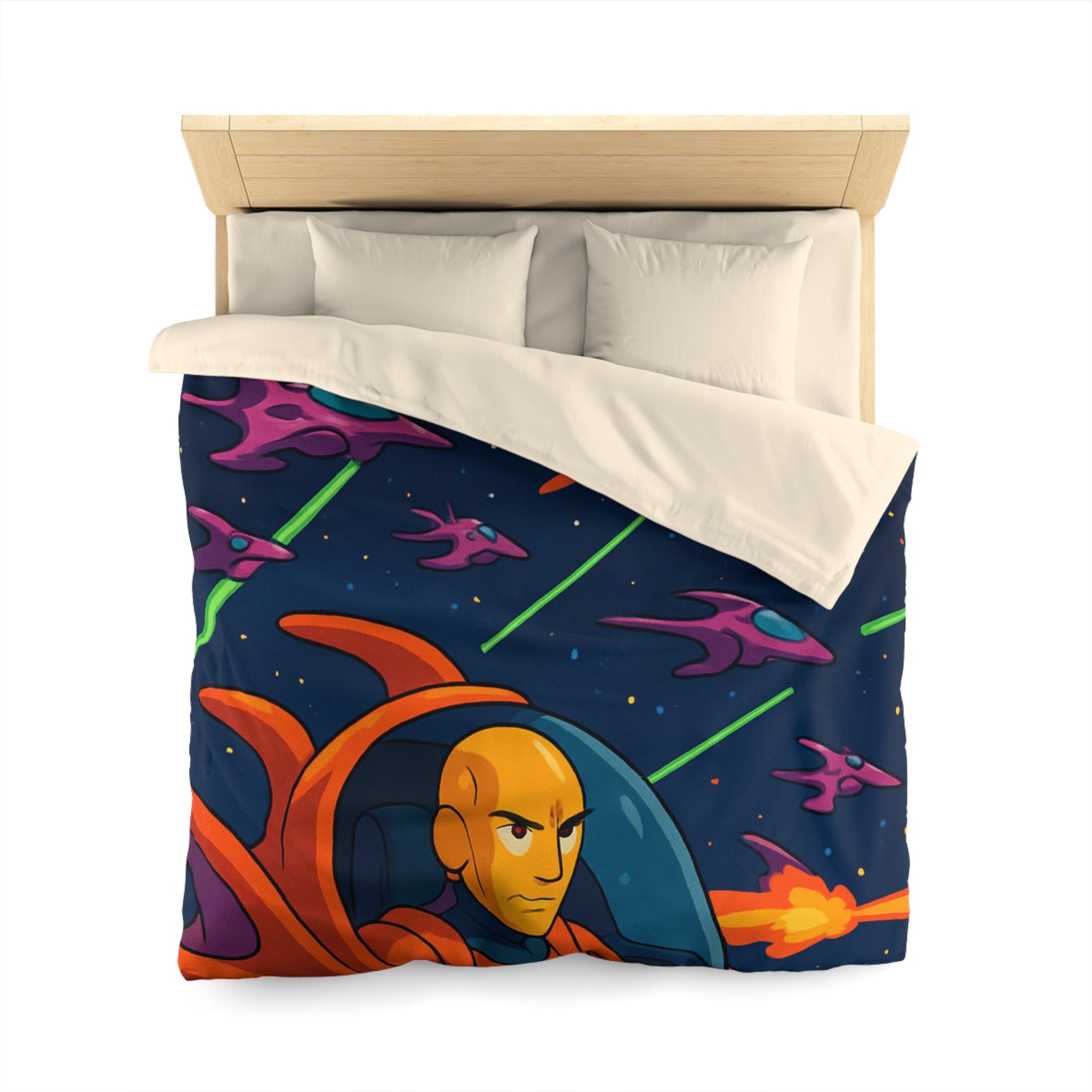 Housse de couette style rétro avec vaisseaux spatiaux et astéroïdes en explosion
