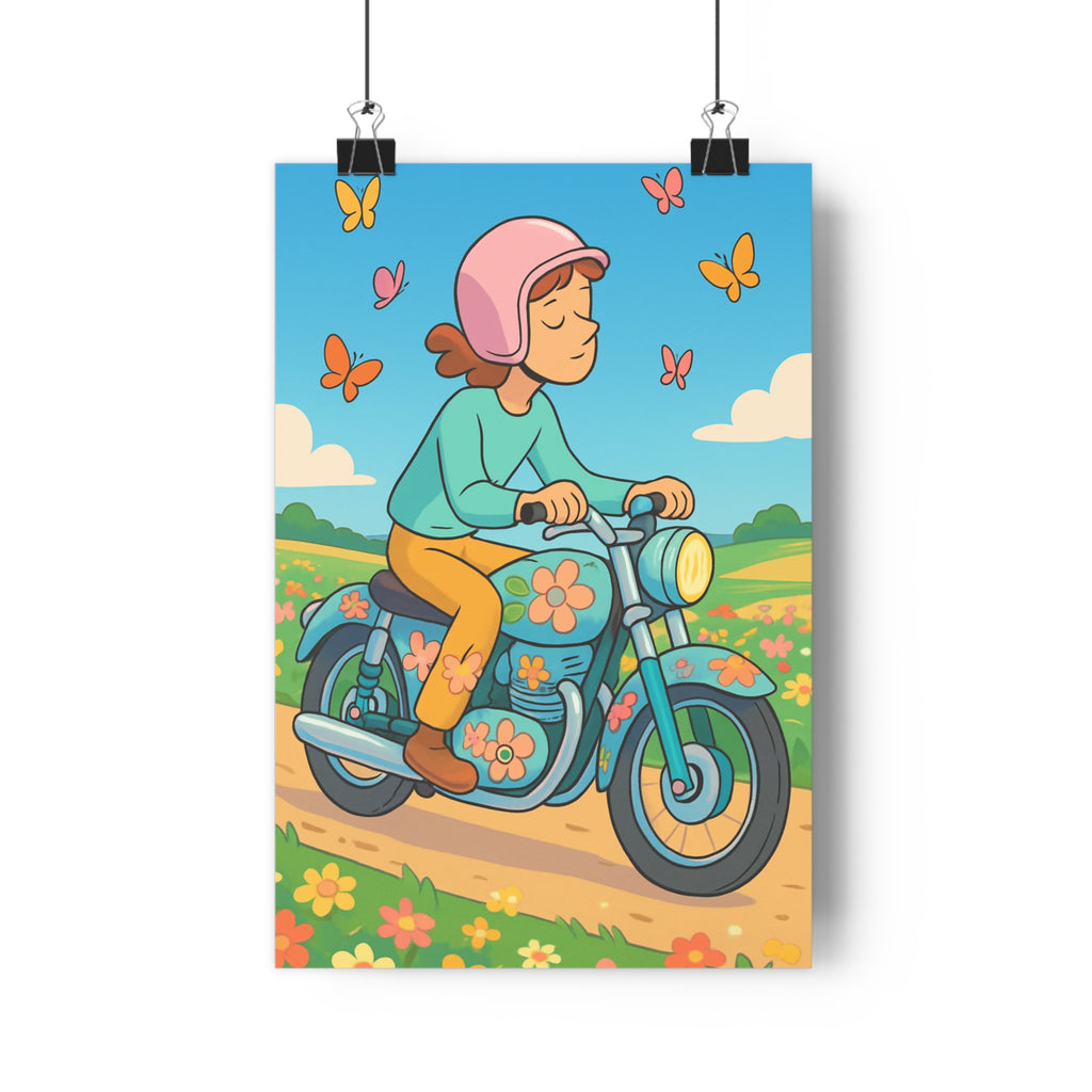 Poster décoratif rêveur pastel aventure moto papillons fleurs apaisant intérieur salon chambre format 30