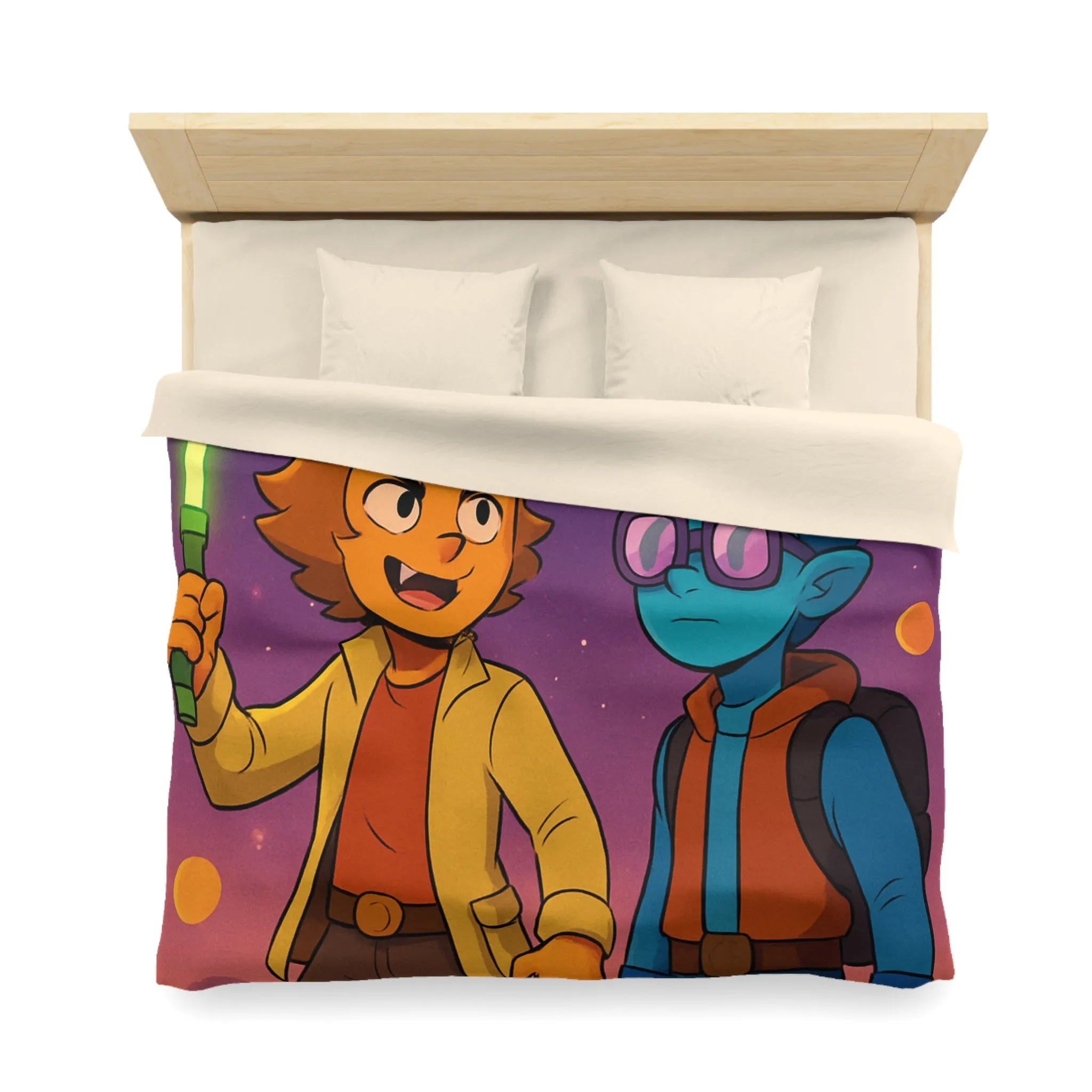 Housse de couette avec deux personnages dans l'espace, ambiance rétro futuriste colorée