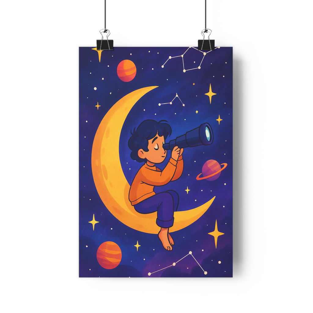 Poster décoratif enfant féérique dessin animé bleu orange violet magique chambre rêveur étoilé planète