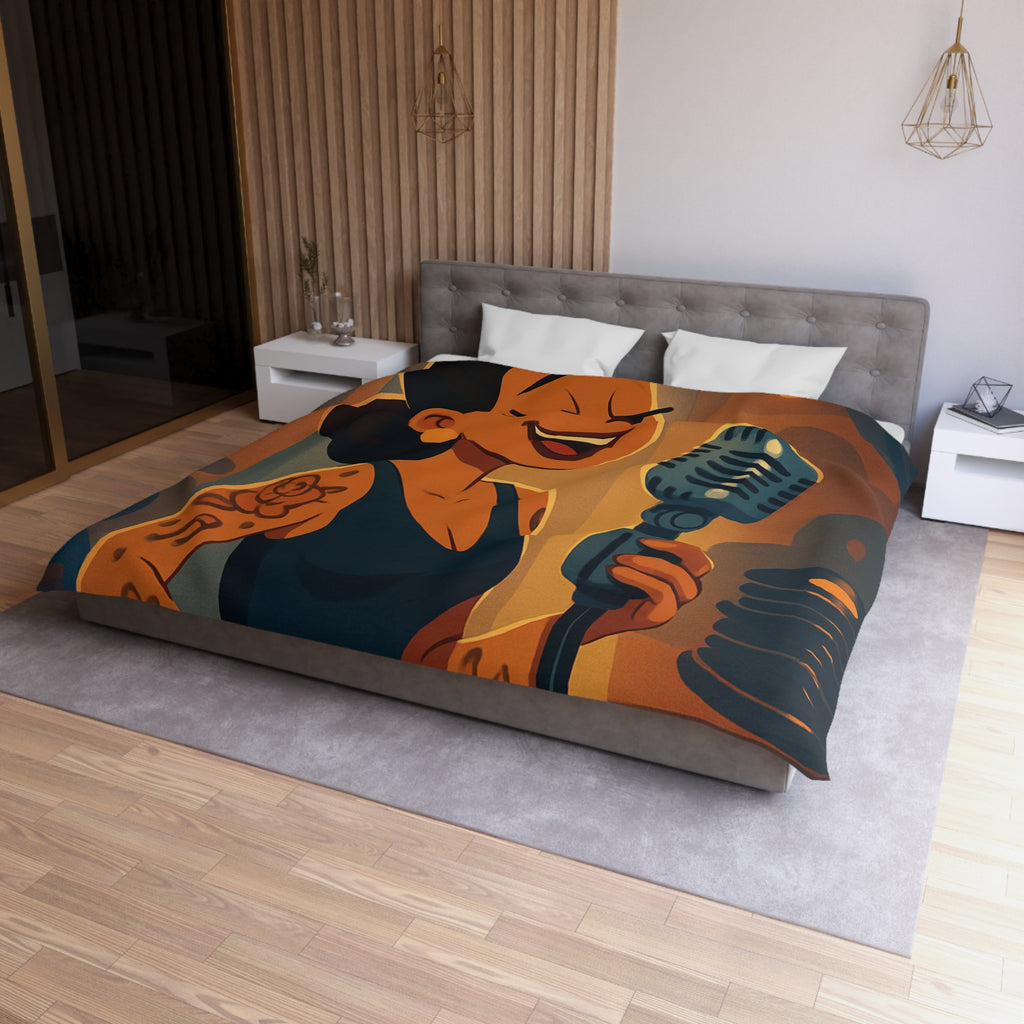 Housse de couette rétro avec chanteuse tatouée sous lumière vintage et micro classique