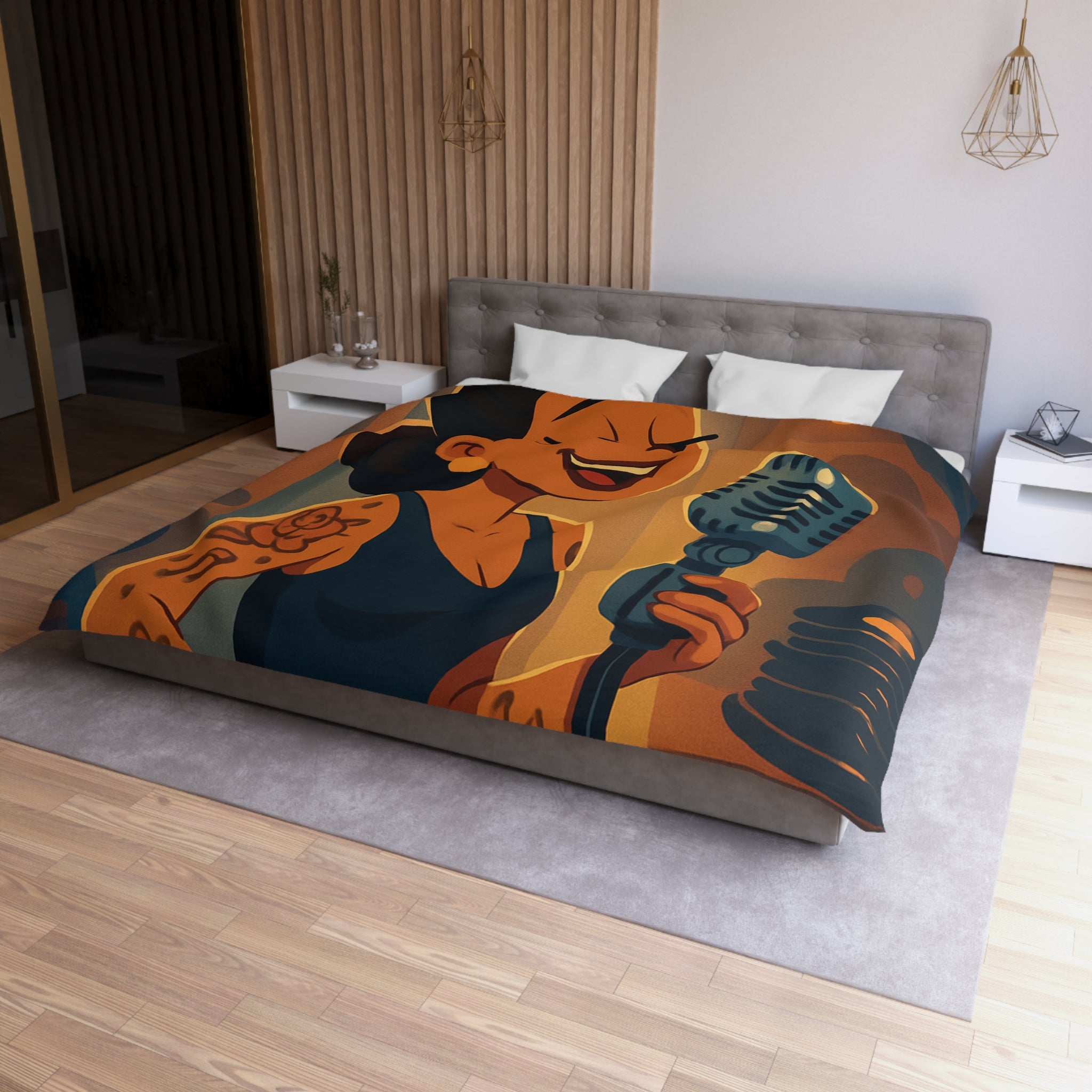 Housse de couette rétro avec chanteuse tatouée sous lumière vintage et micro classique