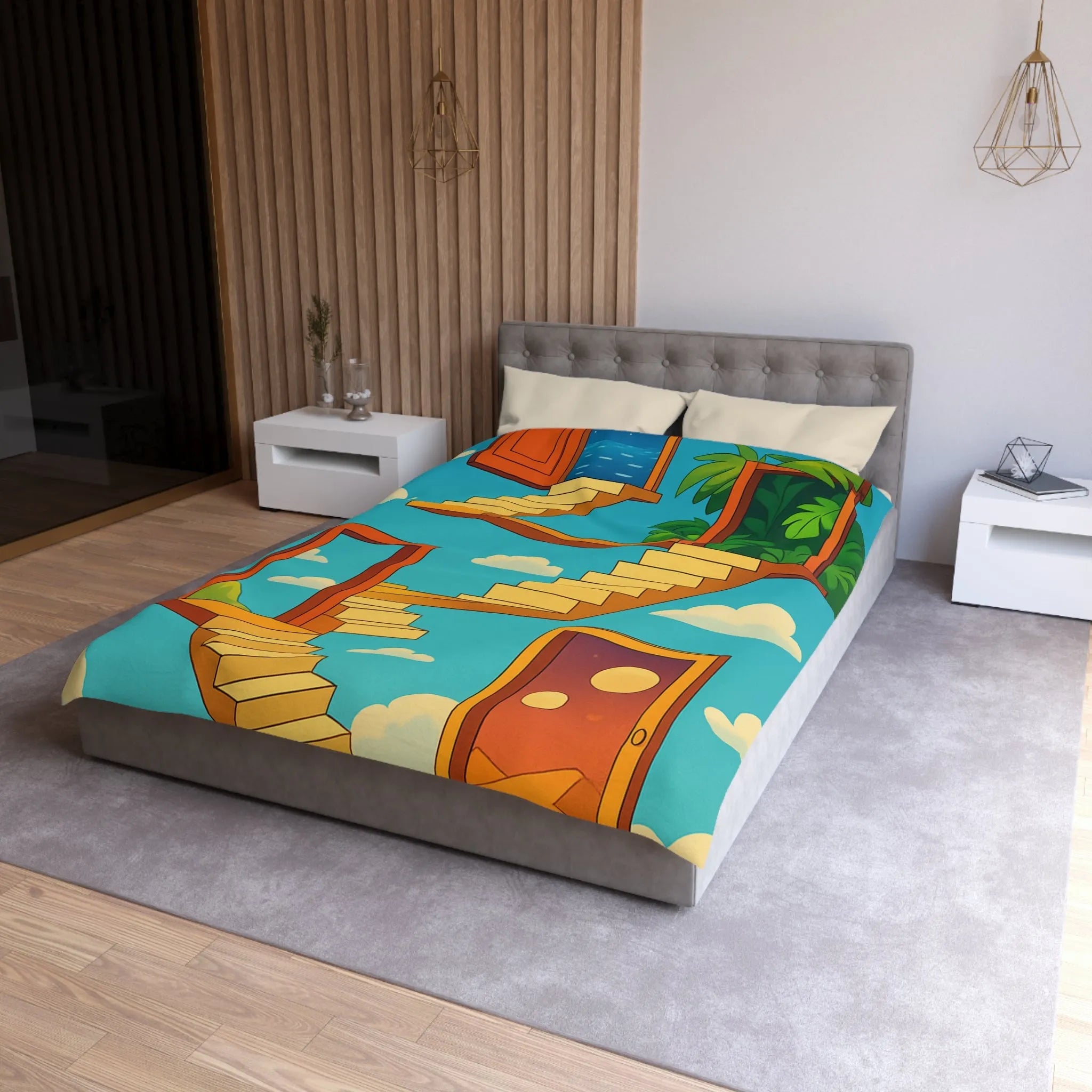 Housse de couette avec escaliers infinis et paysage surréaliste, ciel étoilé