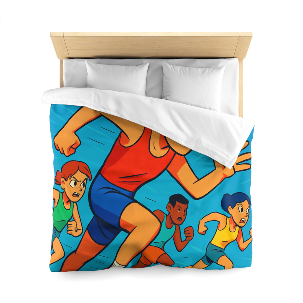 Housse de couette vibrant style bande dessinée enfants courant vers la ligne d'arrivée
