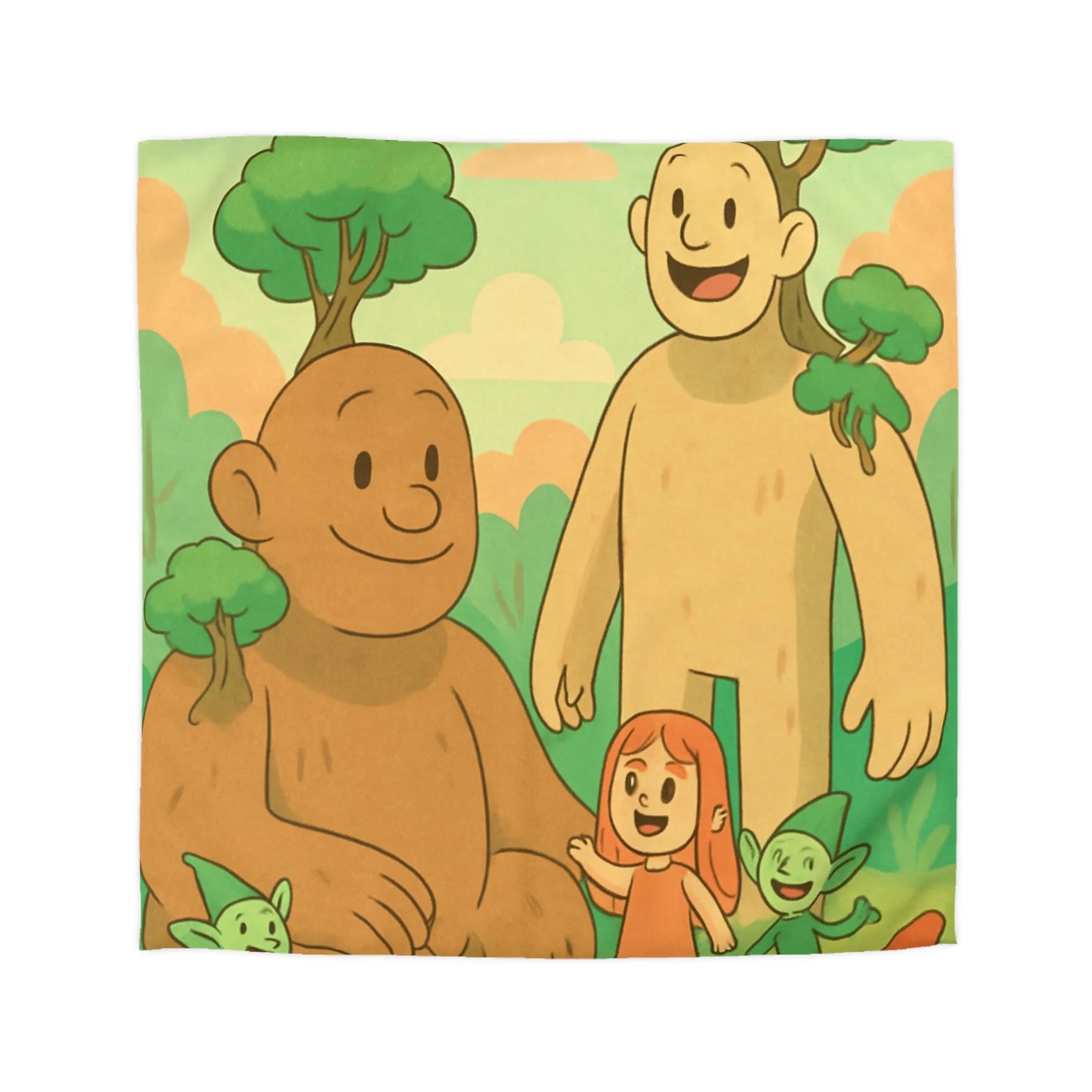 Housse de couette fantastique avec géants arborés et lutins dans une forêt enchantée