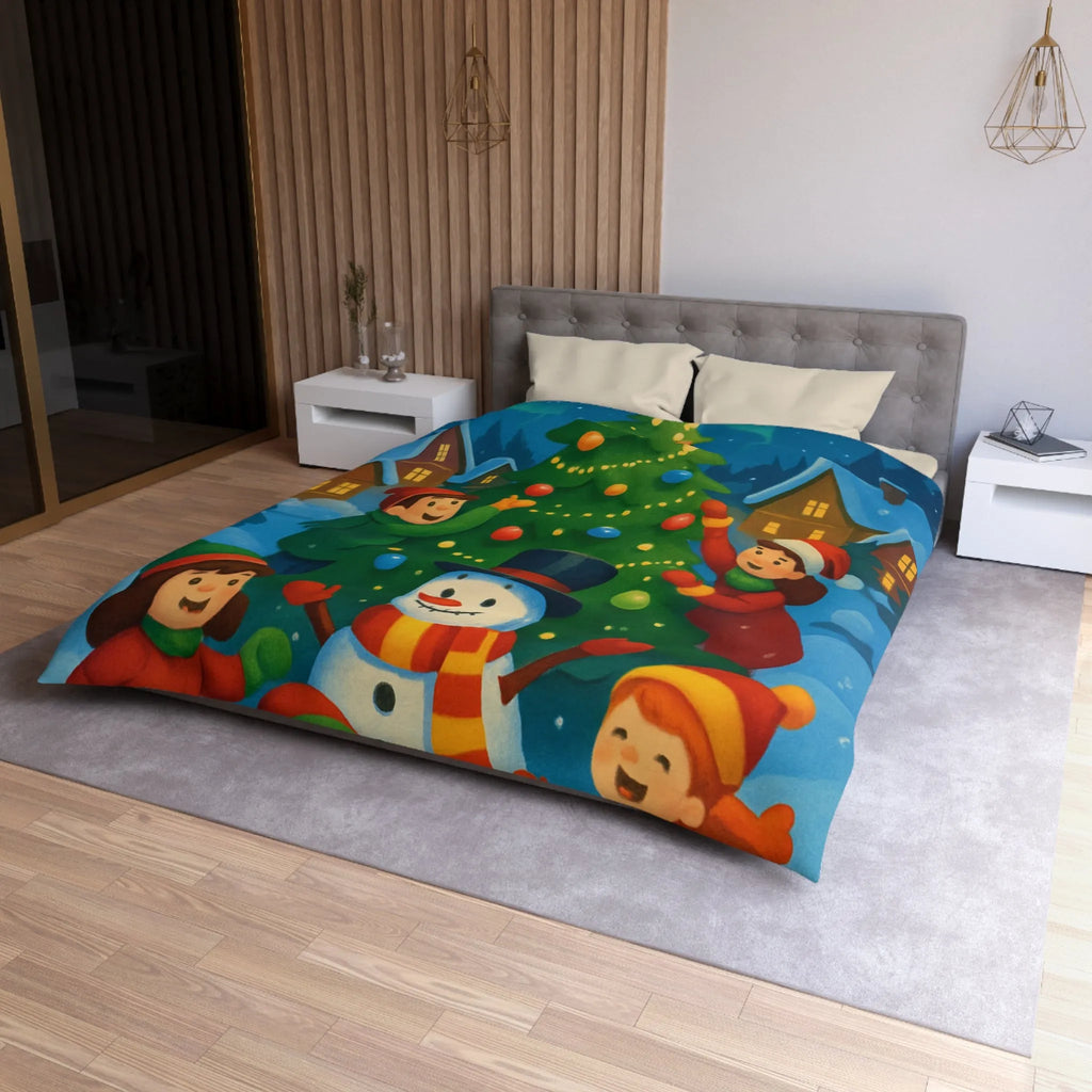 Housse de couette enfants scène festive avec bonhomme de neige et aurore boréale lumineuse