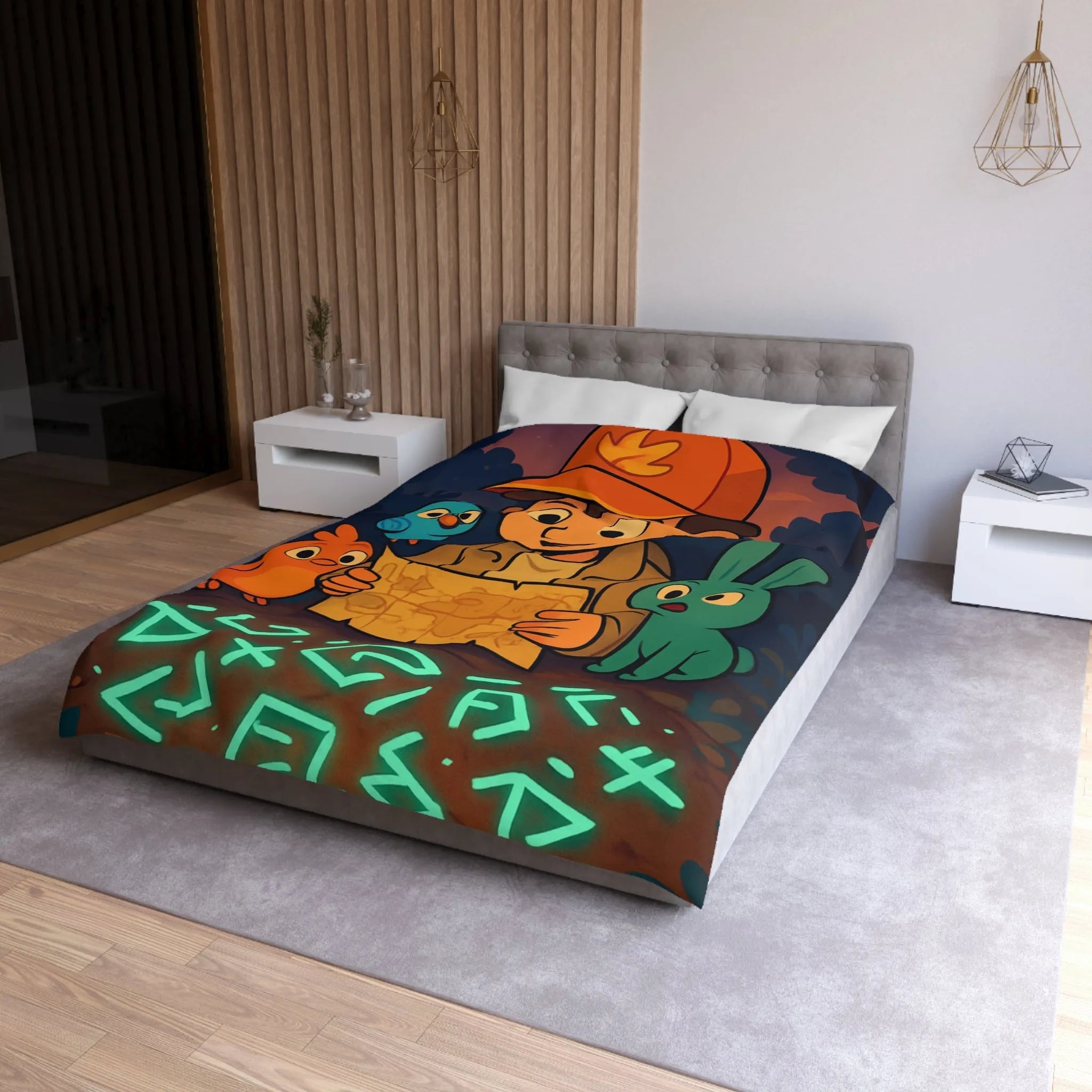 Housse de Couette Enfantine avec Animaux et Carte Lumineuse dans Forêt Mystérieuse