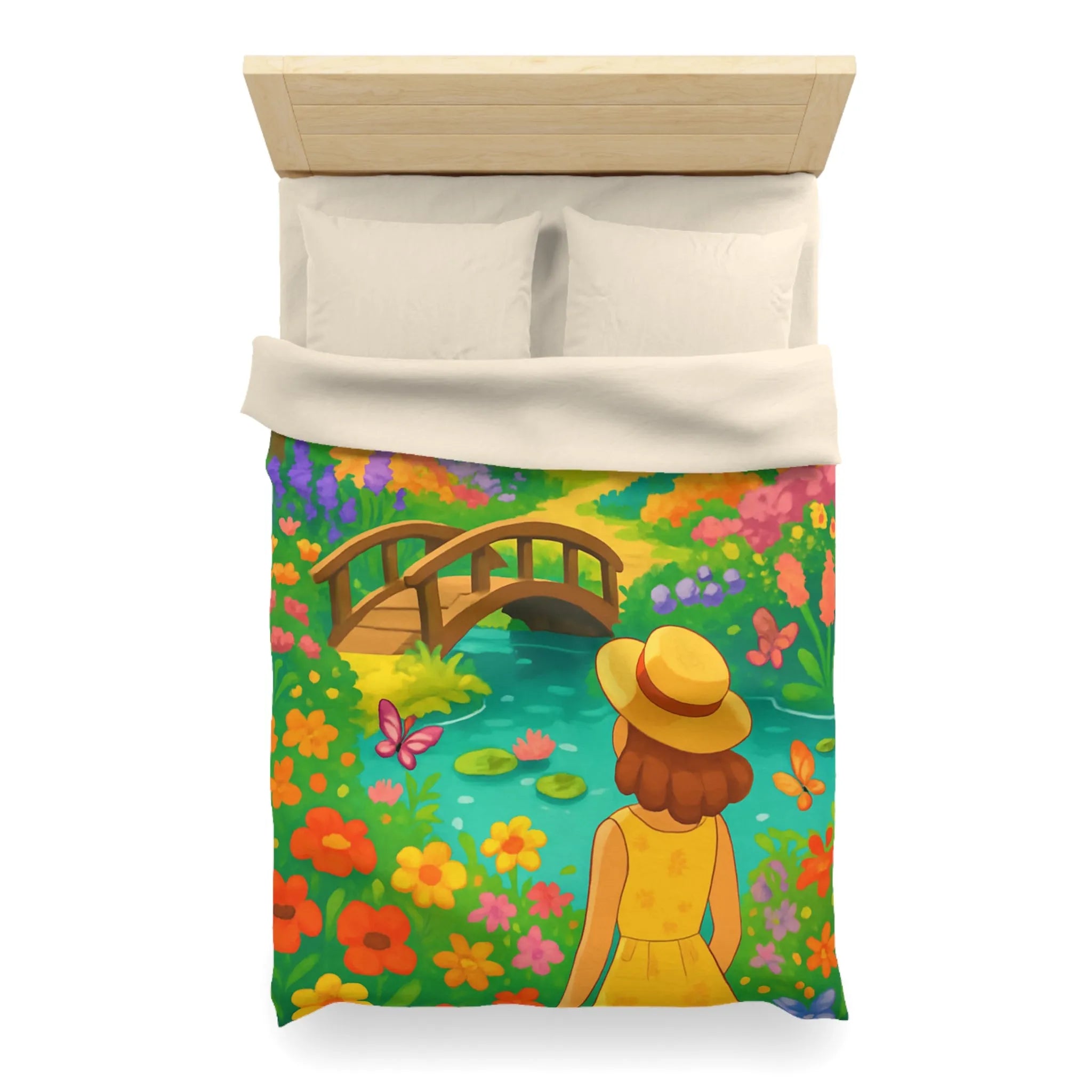 Housse de Couette Jardin Enchanté avec Pont et Papillons, Motif Vif et Coloré