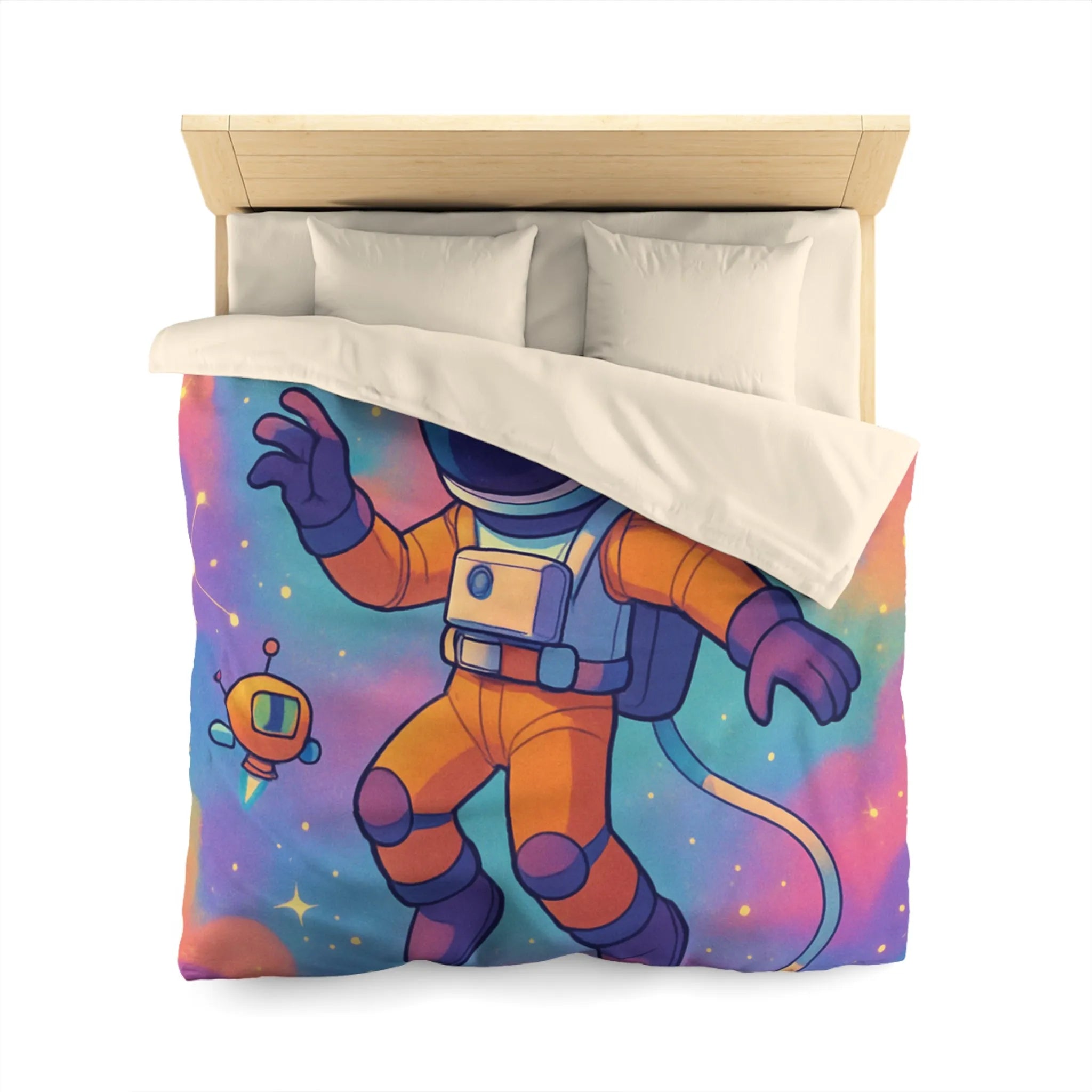 Housse de couette colorée spatiale avec astronaute, planètes et robots ludiques pour enfants