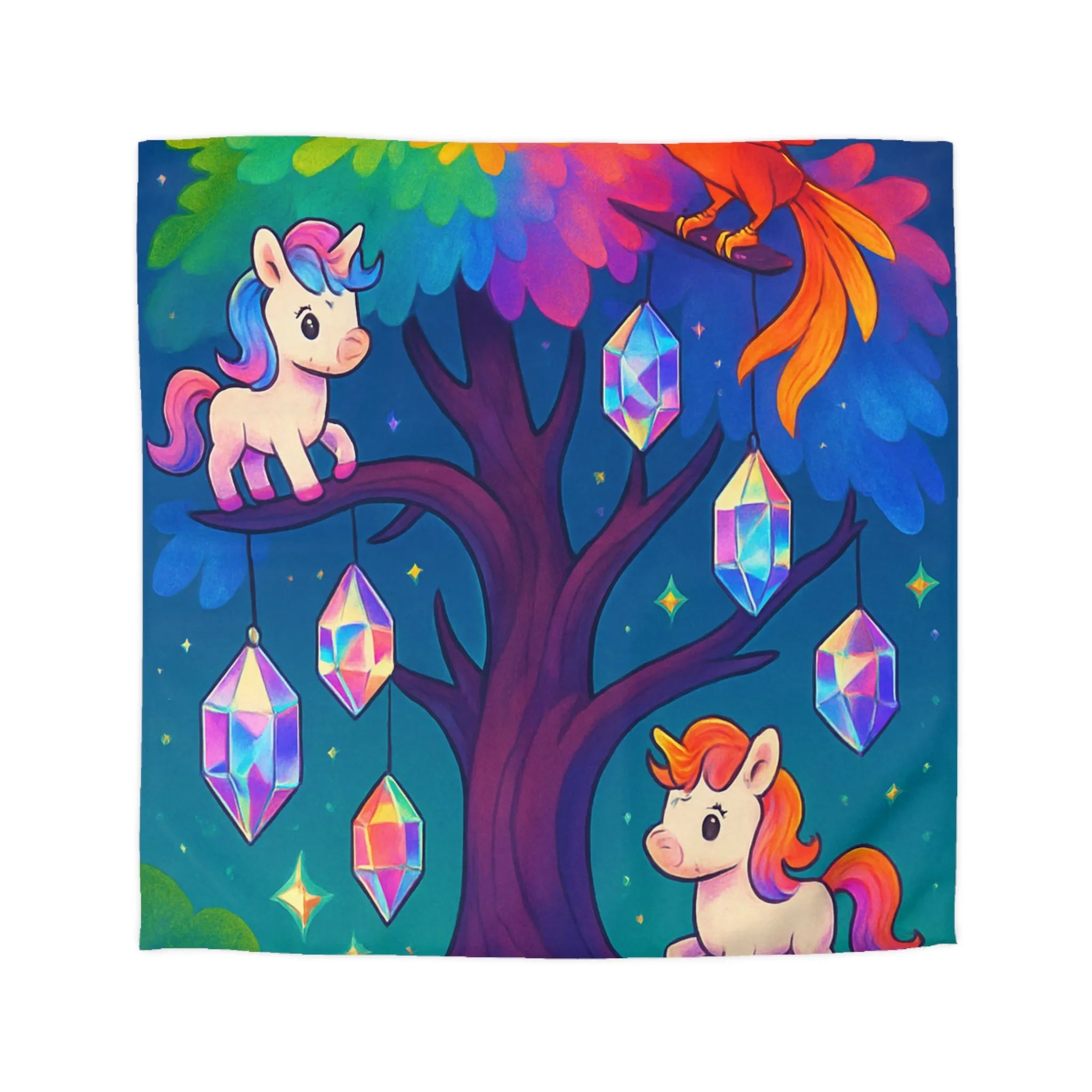 Housse de couette enfantine avec licornes, phénix, arbre magique et cristaux lumineux