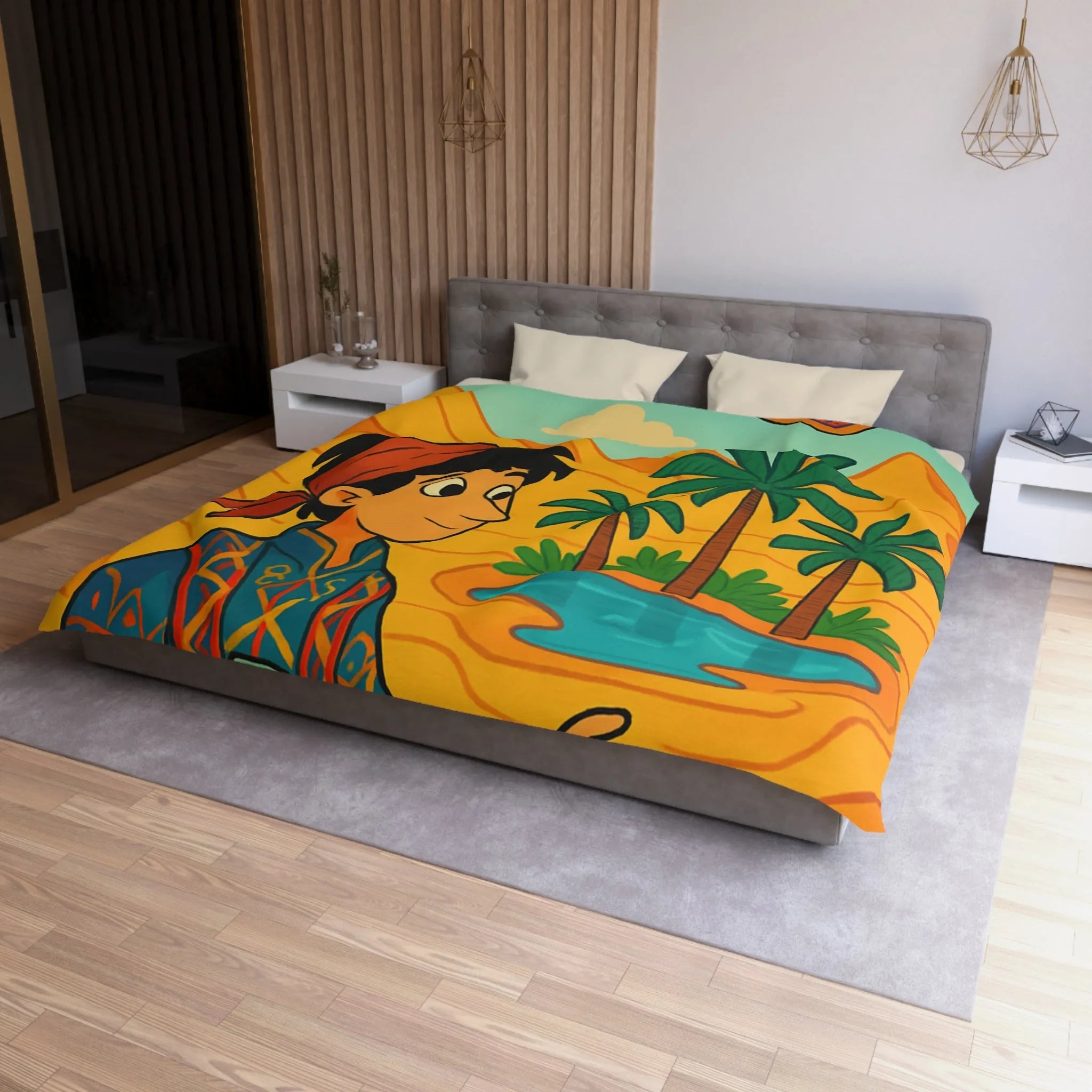 Housse de couette magique avec tapis volants et oasis sous ciel bleu désertique