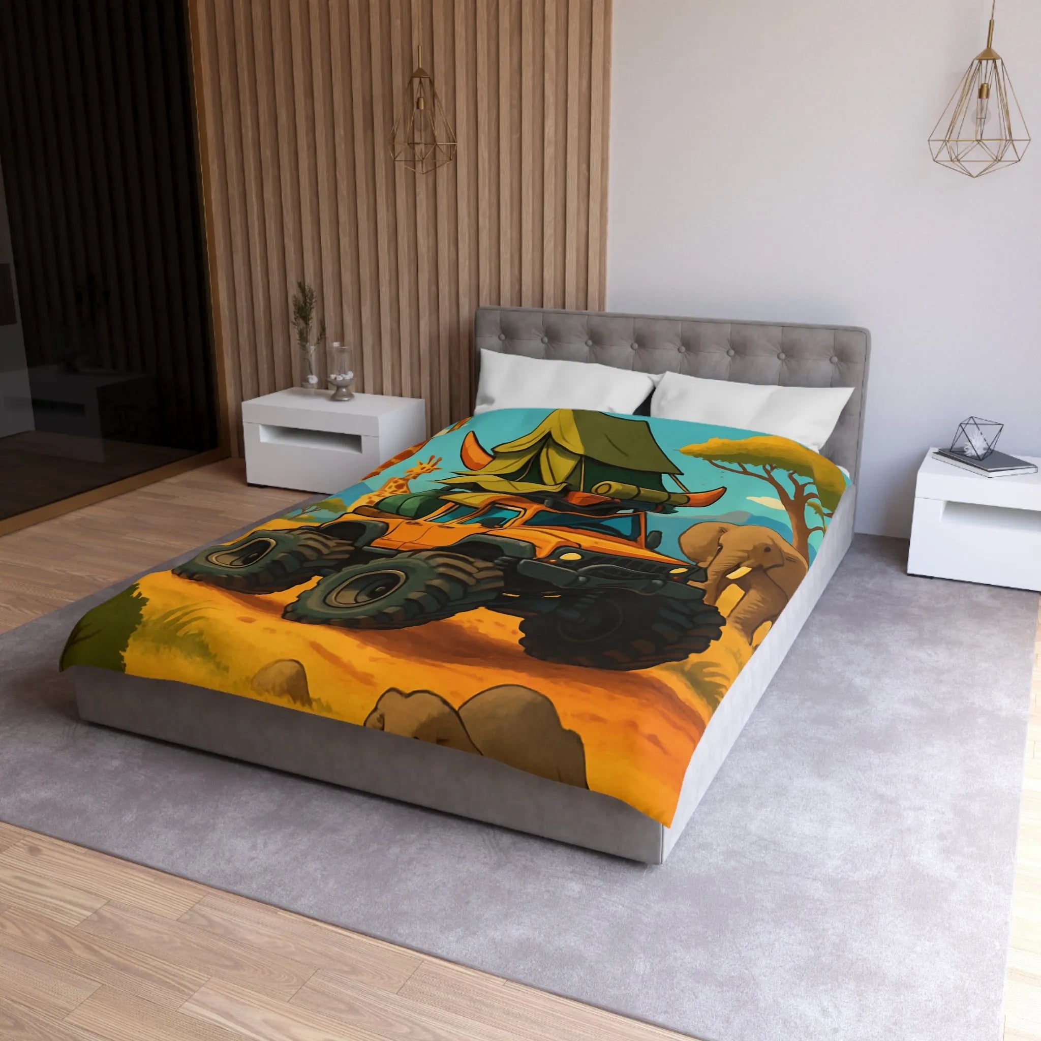 Housse de couette colorée avec véhicule tout-terrain et animaux dans la savane africaine