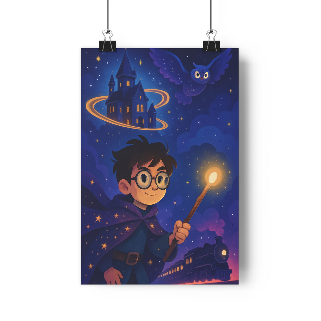 Poster décoratif magique bleu violet enfant mystique aventure château garçon cape baguette chouette train