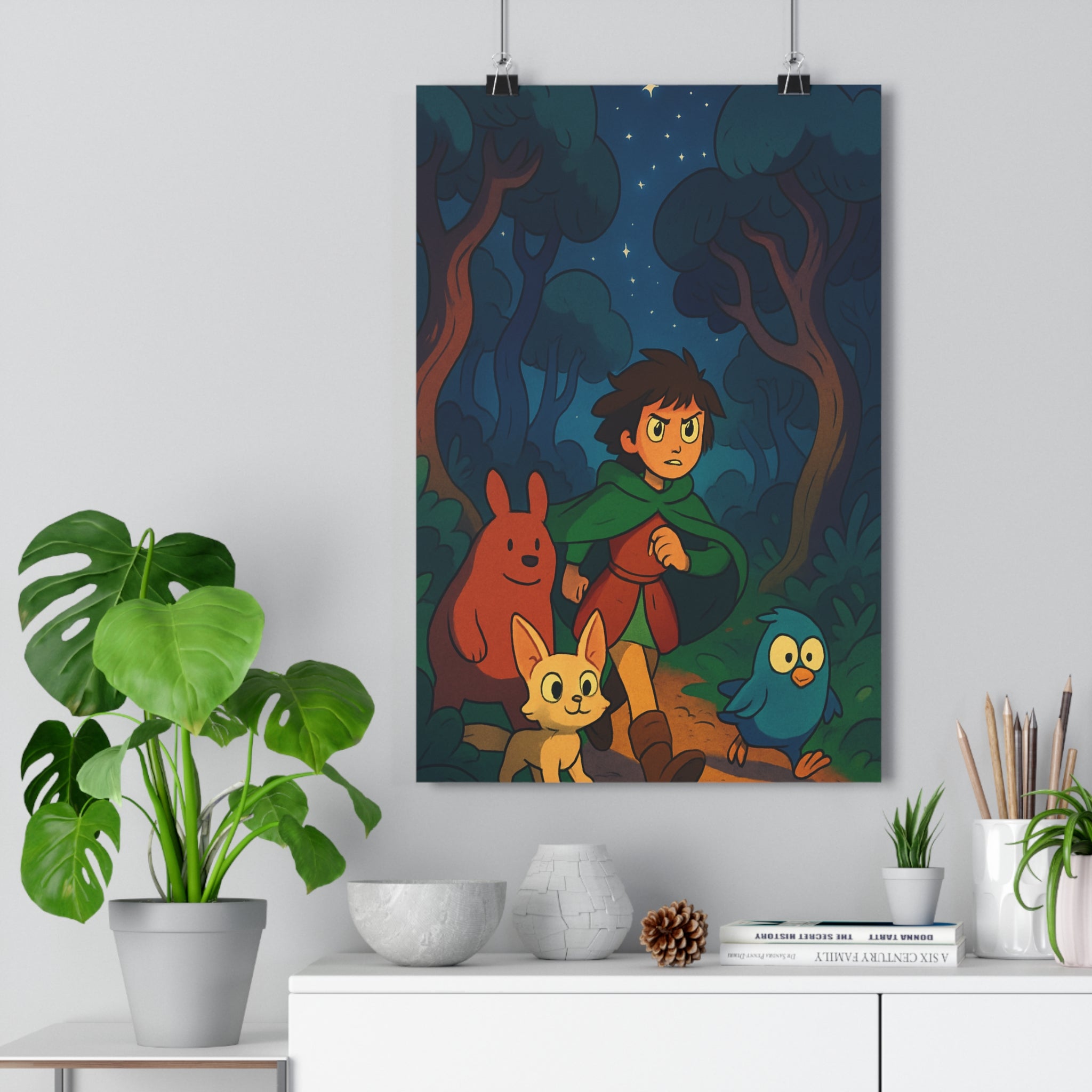 Poster décoratif cartoon vert bleu mystique aventure enfant forêt magique chambre tendance captivant élégant