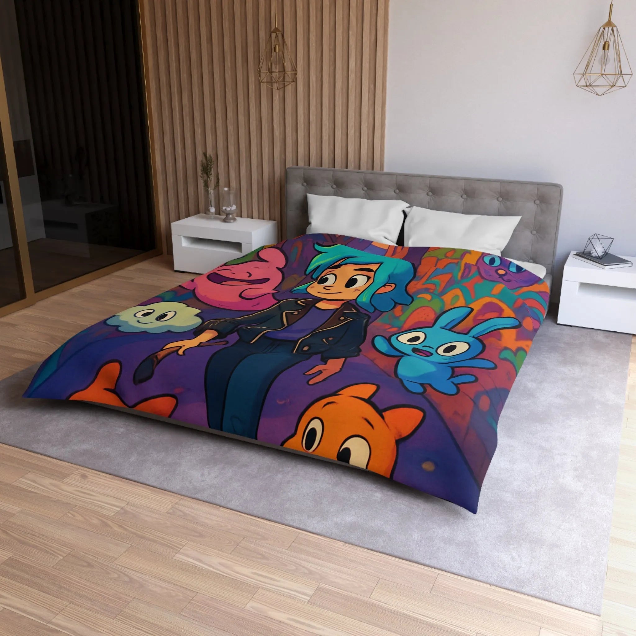 Housse de couette colorée avec personnages fantasy dans une ruelle urbaine magique