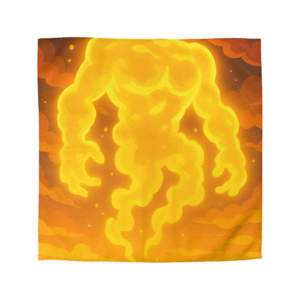 Vision onirique d'un géant flamboyant illuminant un paysage crépusculaire surréaliste en jaune